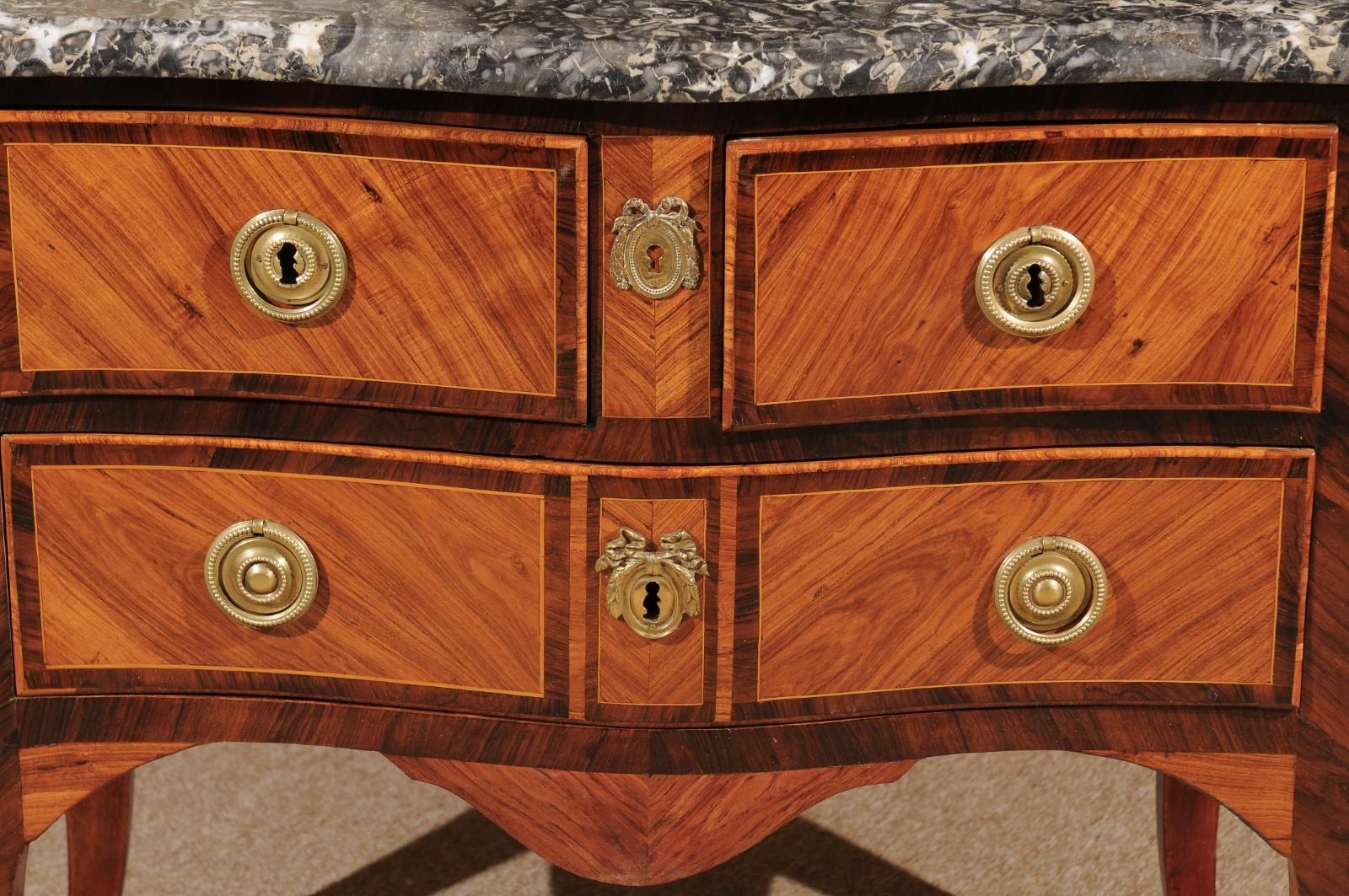 Petite Louis XV Period Commode in Tulipwood with Bronze Dore Mounts & Marble Top For Sale 1