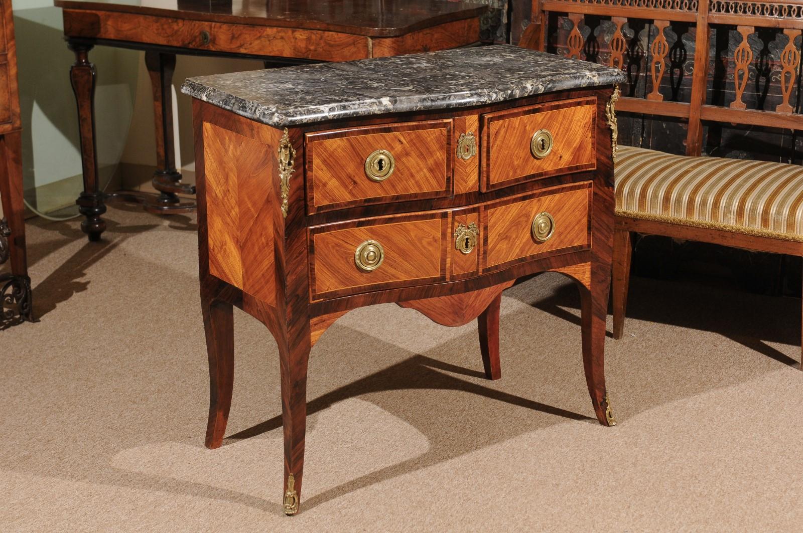 Petite Louis XV Period Commode in Tulipwood with Bronze Dore Mounts & Marble Top For Sale 2