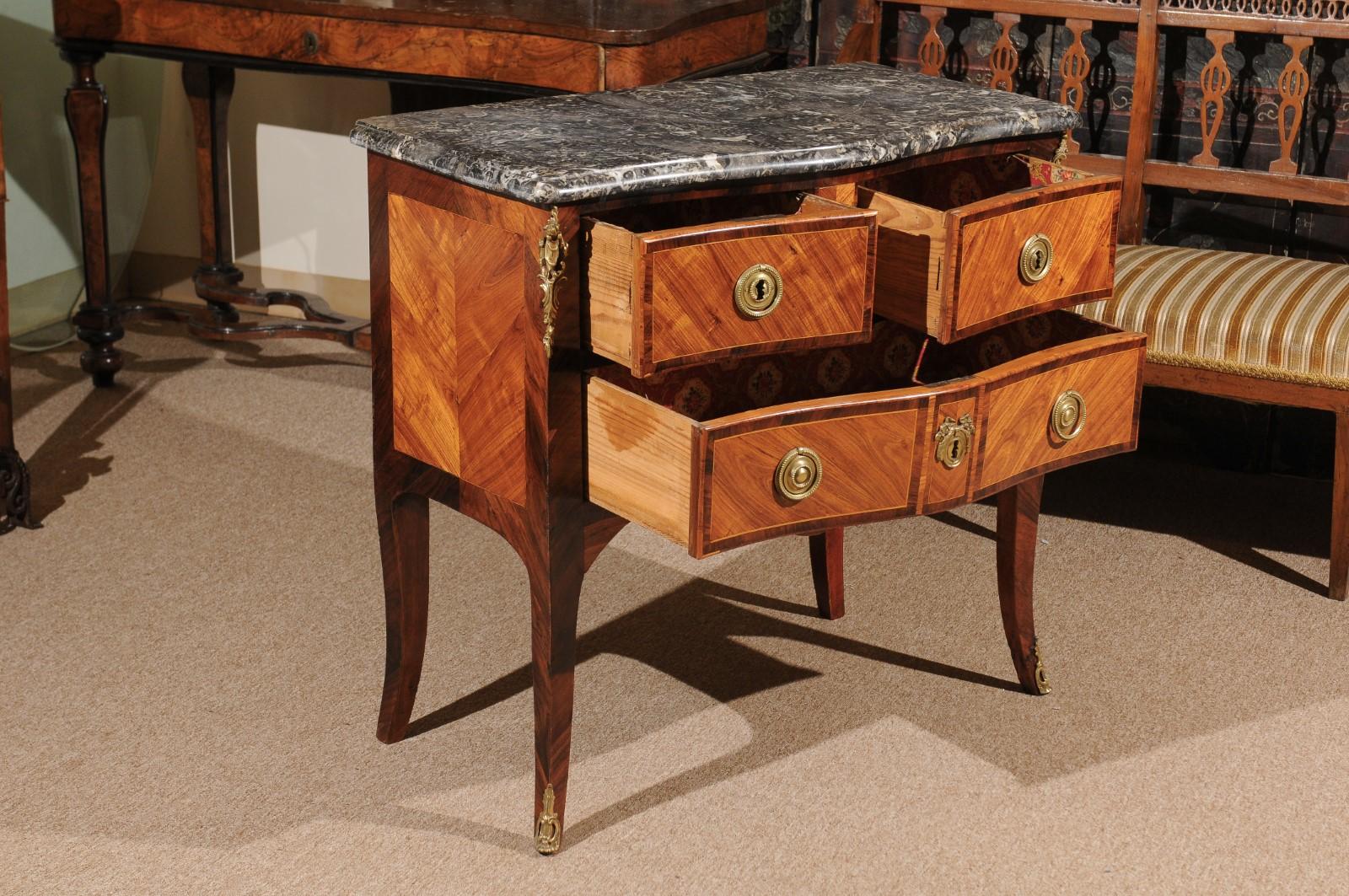 Petite Louis XV Period Commode in Tulipwood with Bronze Dore Mounts & Marble Top For Sale 3