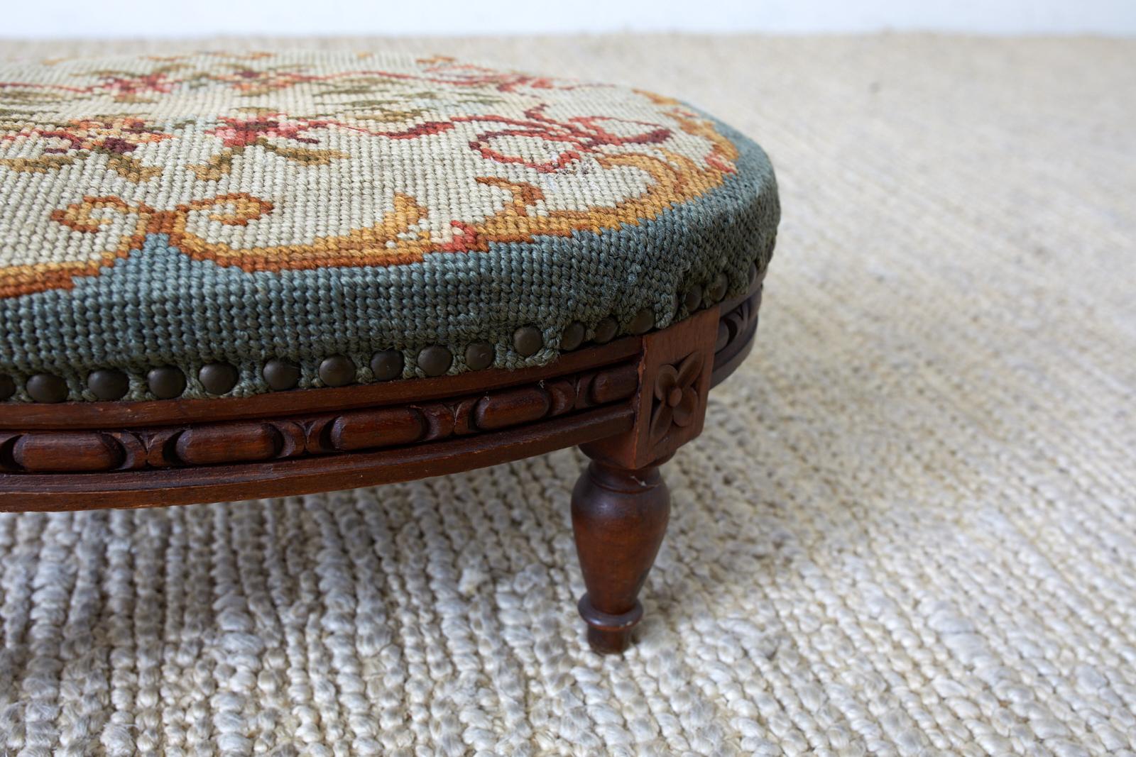 French Petite Louis XVI Oval Needlepoint Footstool
