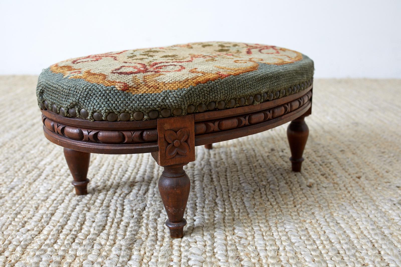 Wood Petite Louis XVI Oval Needlepoint Footstool