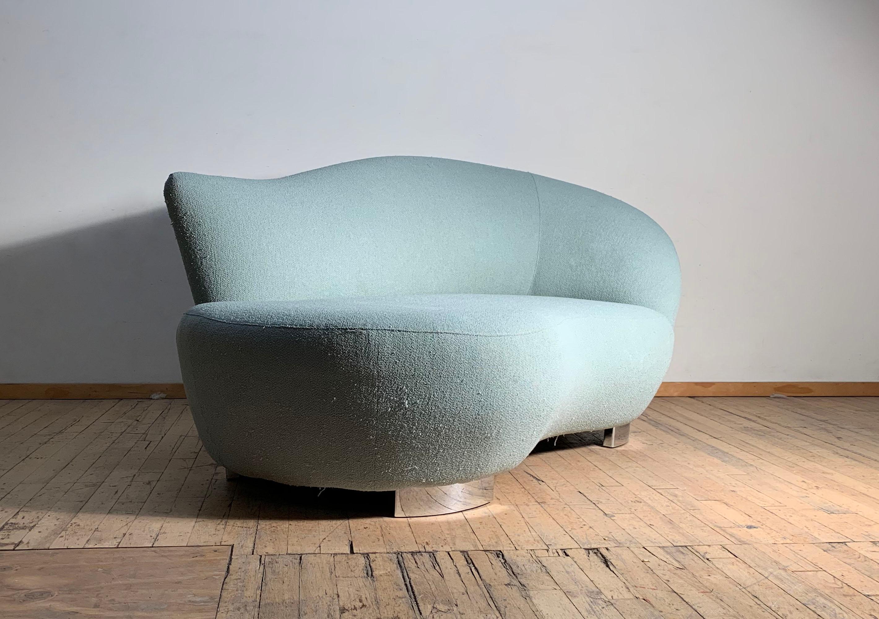 Petite love seat (loveseat) cloud sofa or chaise lounge (Pair available)
These are in quite nice vintage condition. The seafood green color fabric is original. Can still be used if desired for your interior. Just has some light fraying because of