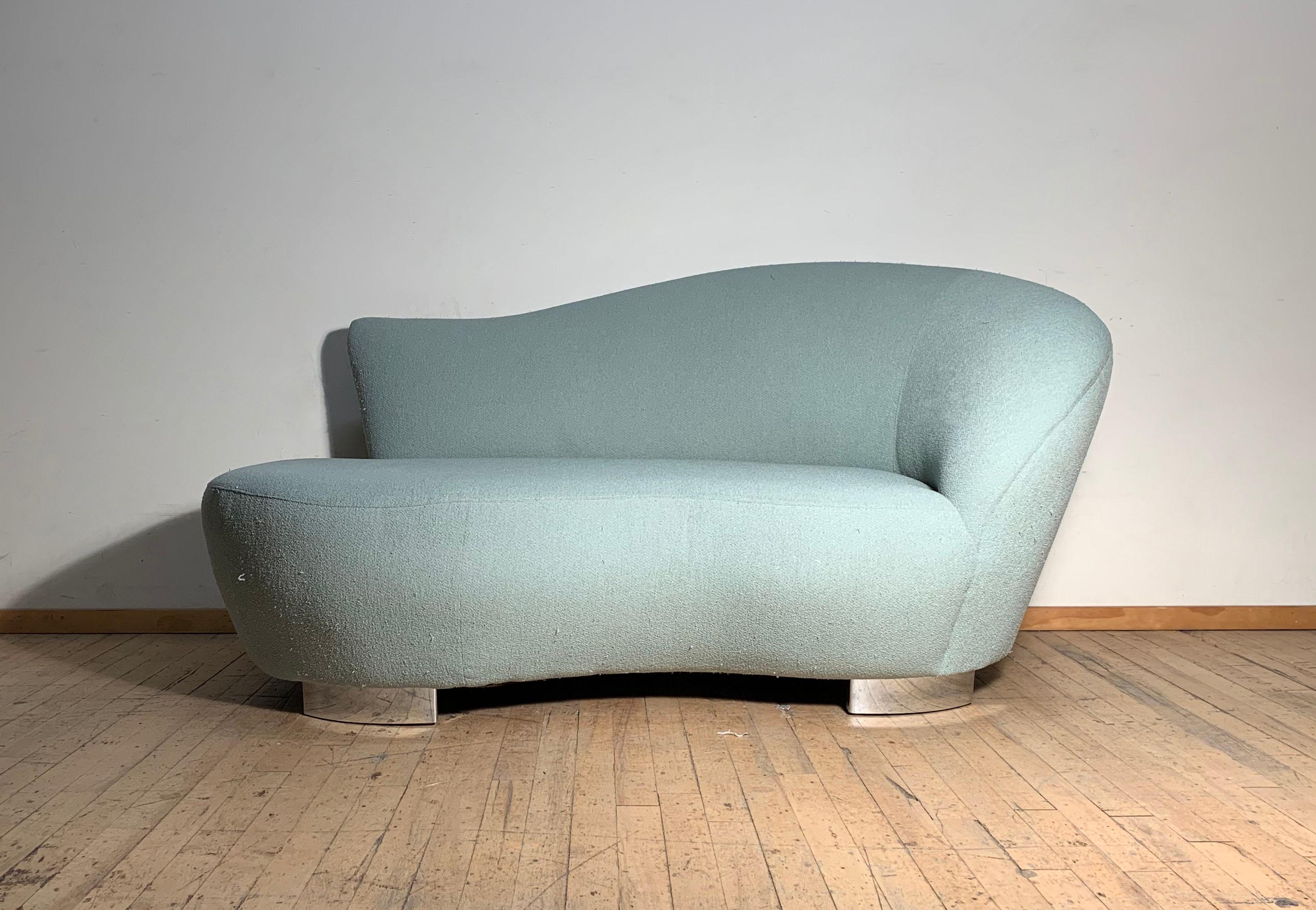 Petite love seat (loveseat) cloud sofa or chaise lounge
These are in quite nice vintage condition. The seafood green color fabric is original. Can still be used if desired for your interior. Just has some light fraying because of the type of fabric