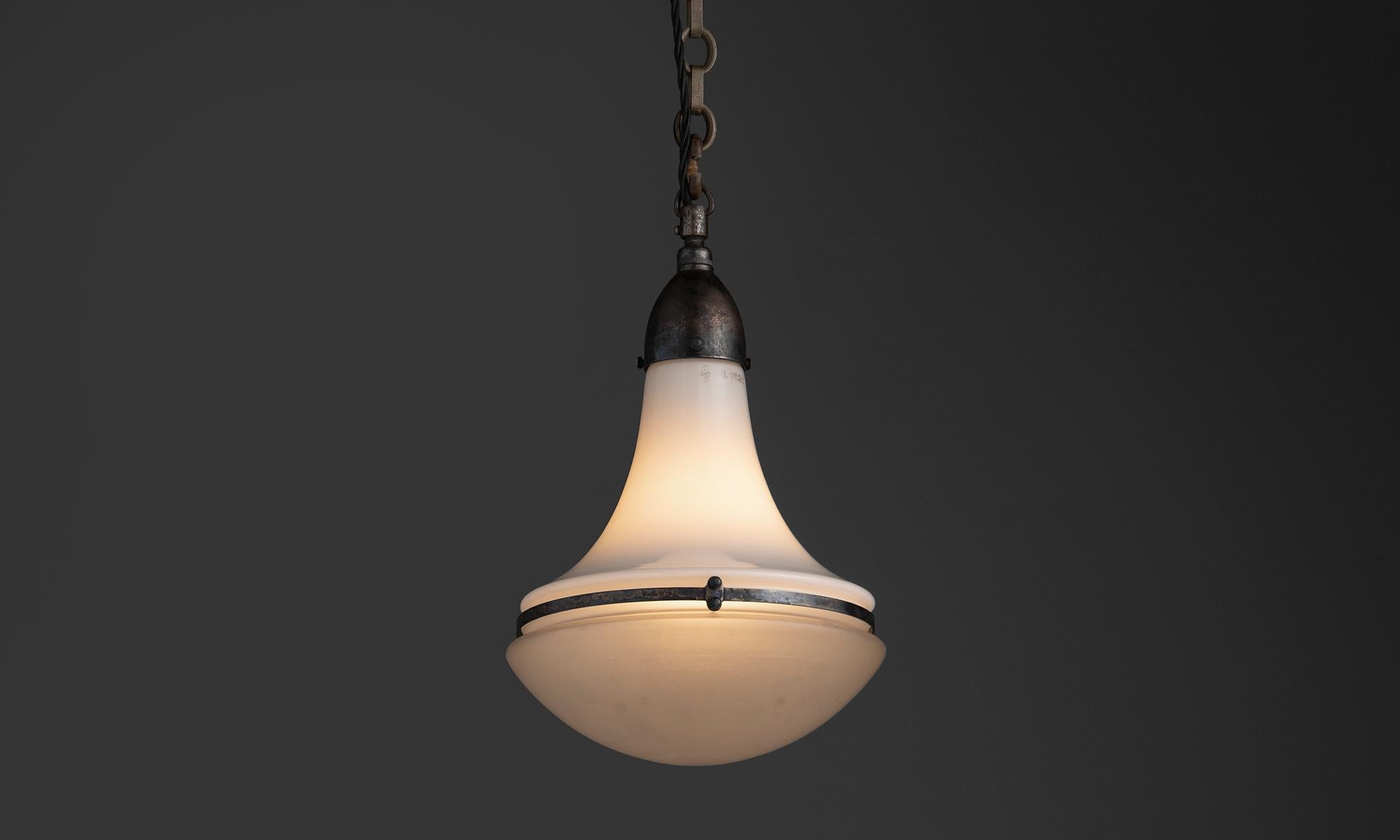 Germany, 1920
Opaline glass upper shade with etched glass diffuser, and oxidized steel brace and gallery
9”dia x 15”h
Ref. L5191
$ 3,600