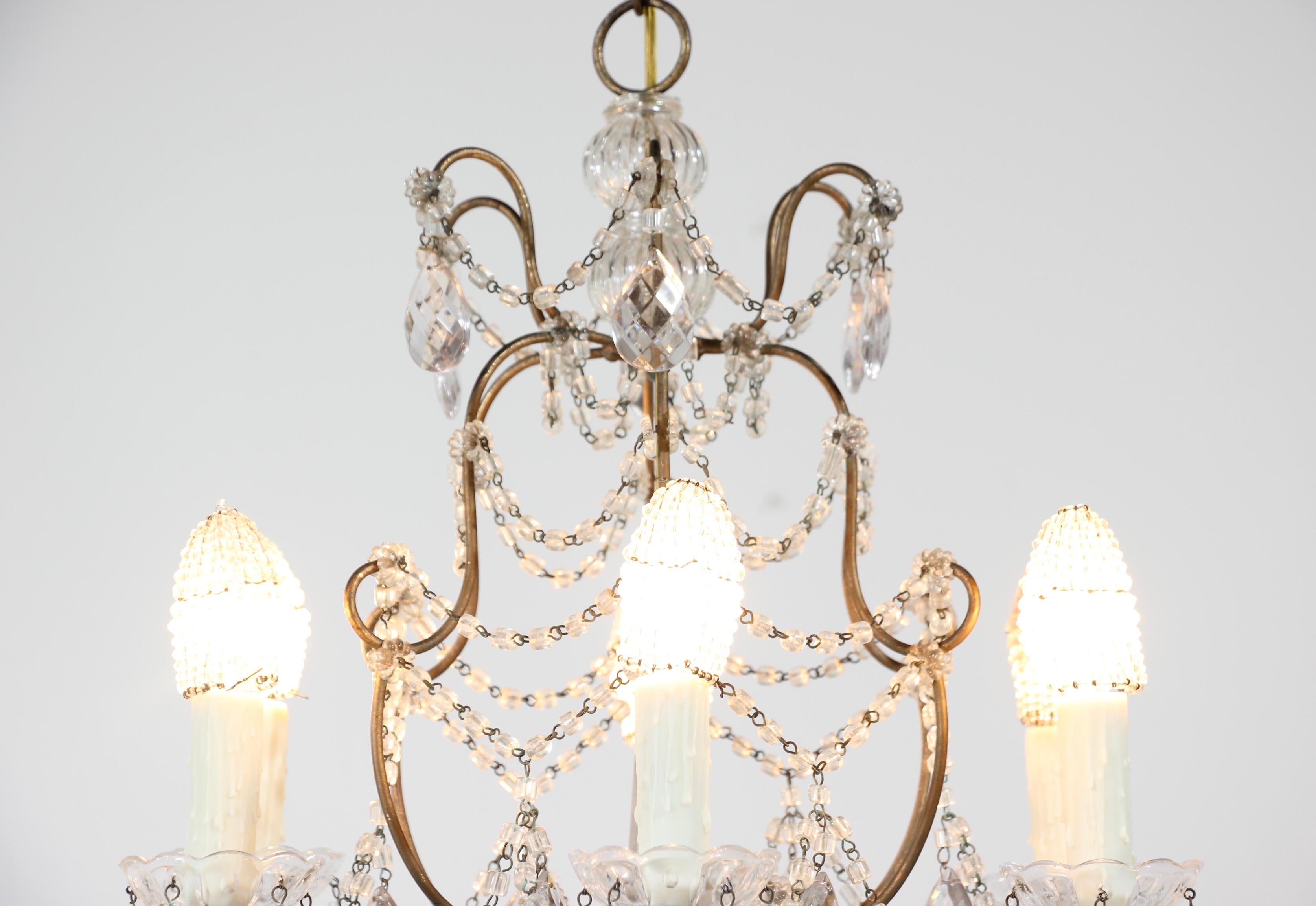 Petite Macaroni Crystal Beaded Italian Chandelier In Good Condition In Los Angeles, CA