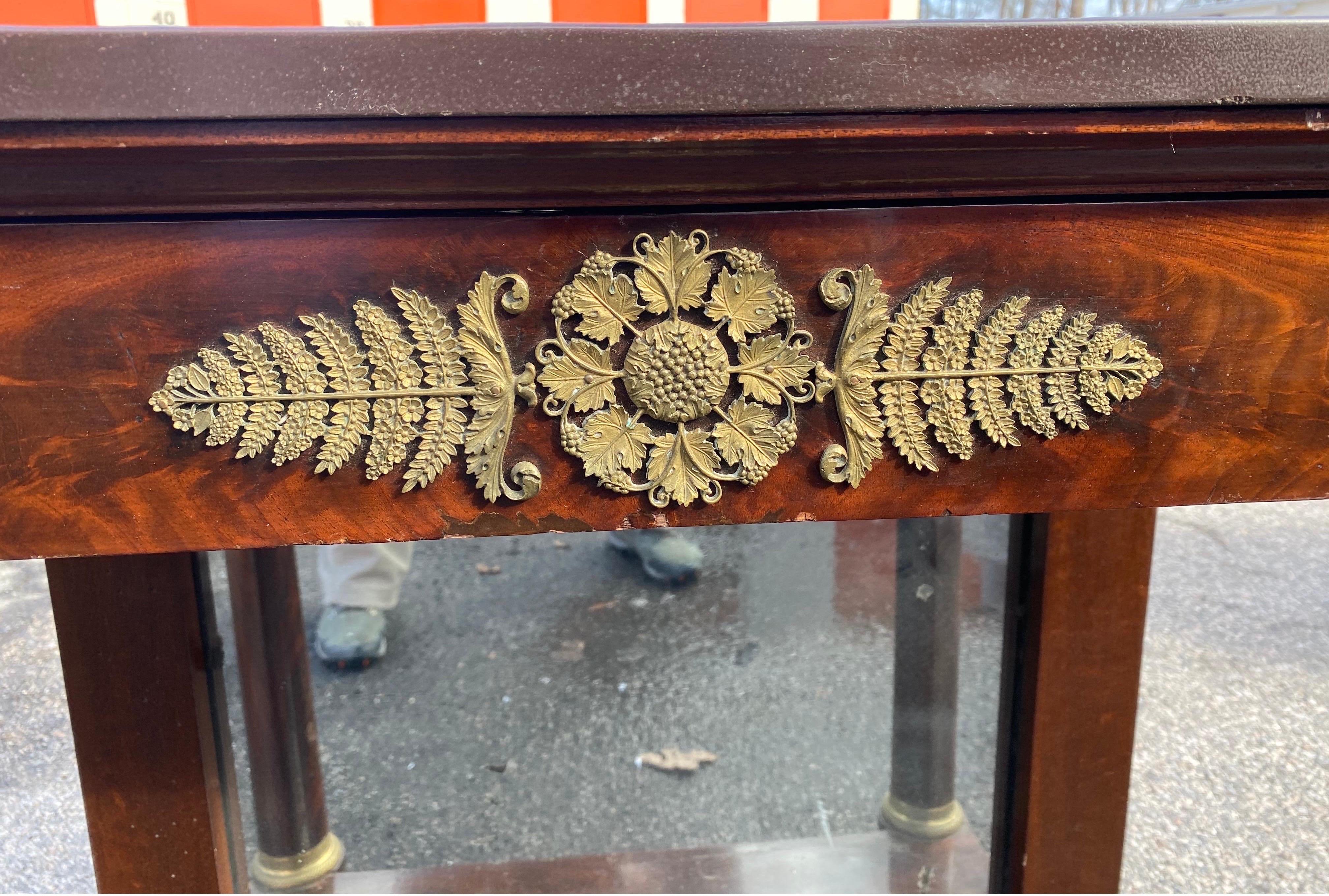 Petite Mahogany French Empire Stone Top Console with Great Bronze Mounts In Good Condition In Charleston, SC
