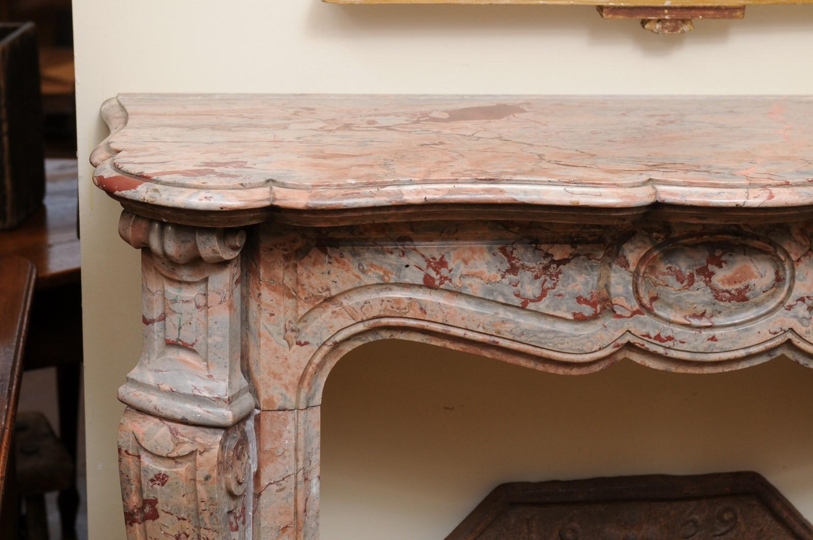 French Petite Marble Mantel in Salmon & Grey Hues, 19th Century France For Sale