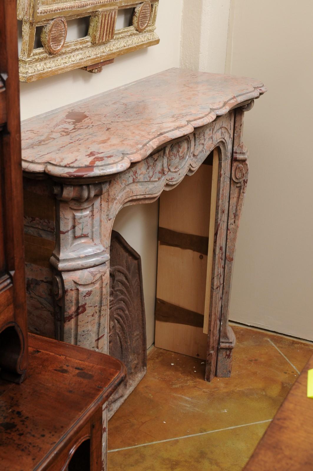 Petite Marble Mantel in Salmon & Grey Hues, 19th Century France In Good Condition For Sale In Atlanta, GA