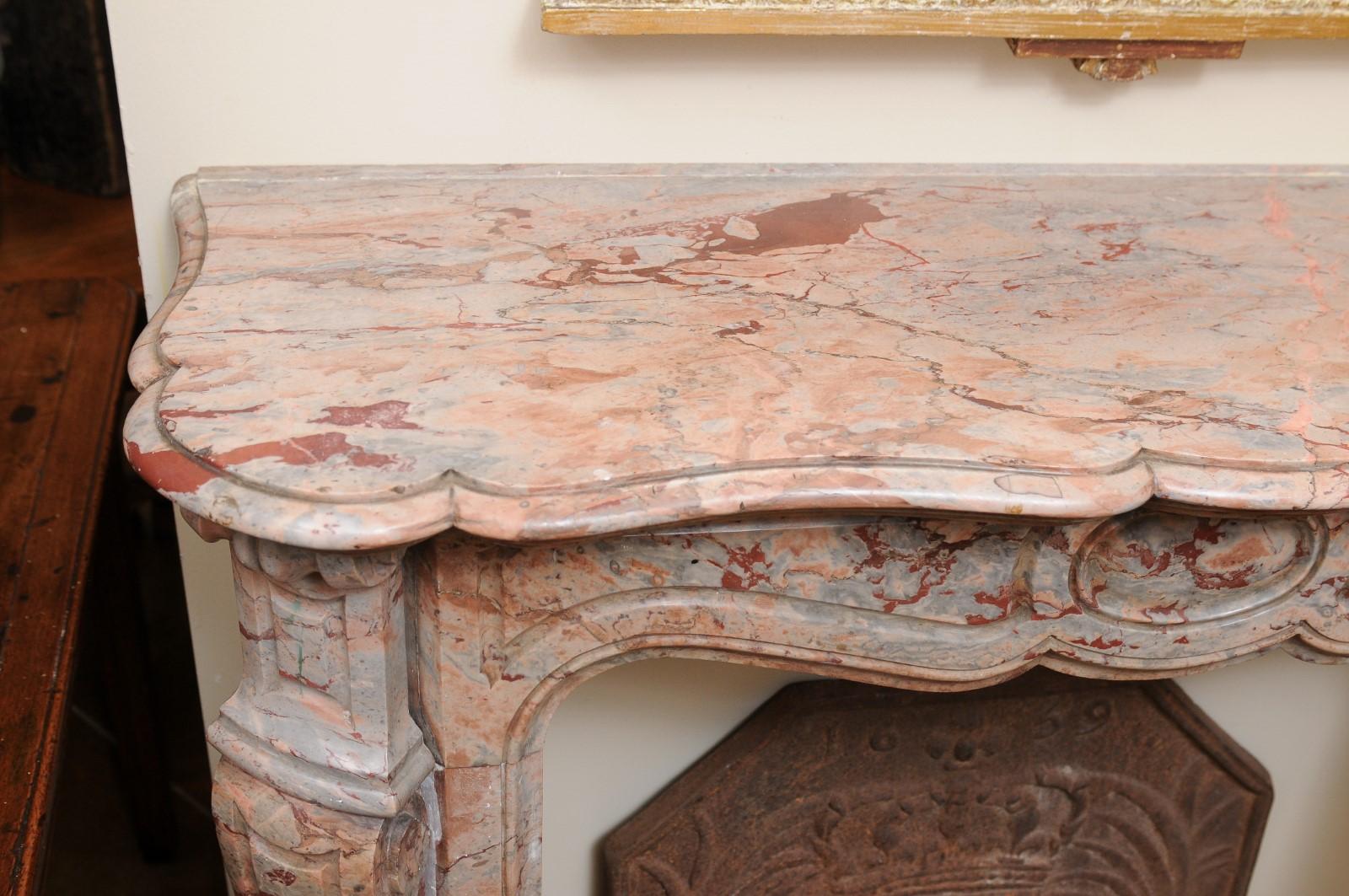 Petite Marble Mantel in Salmon & Grey Hues, 19th Century France For Sale 1