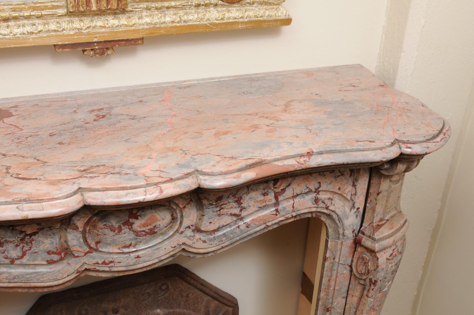 Petite Marble Mantel in Salmon & Grey Hues, 19th Century France For Sale 2