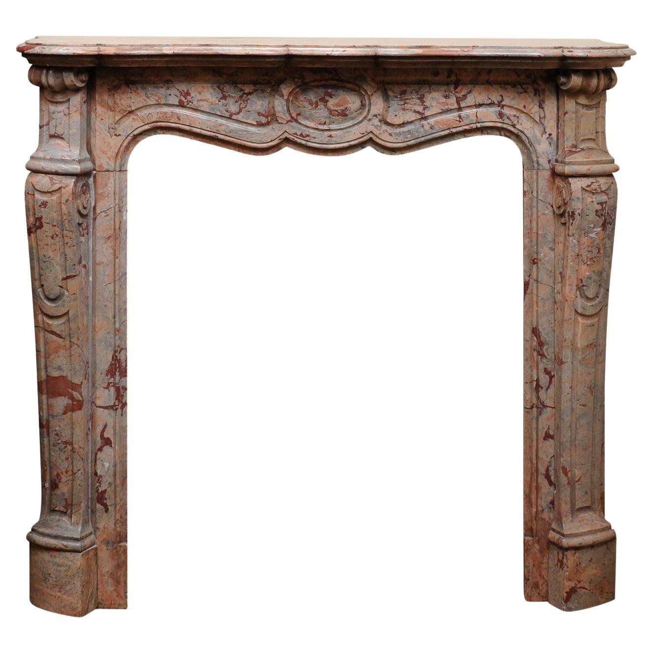 Petite Marble Mantel in Salmon & Grey Hues, 19th Century France For Sale