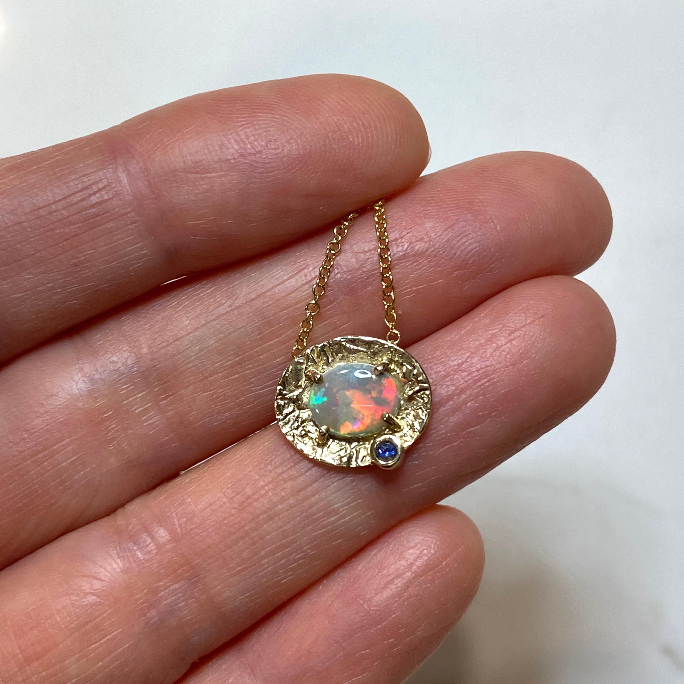 Cabochon Petite Marigold Necklace, Opal set in 14 Karat Yellow Gold Frame, Blue Sapphire For Sale