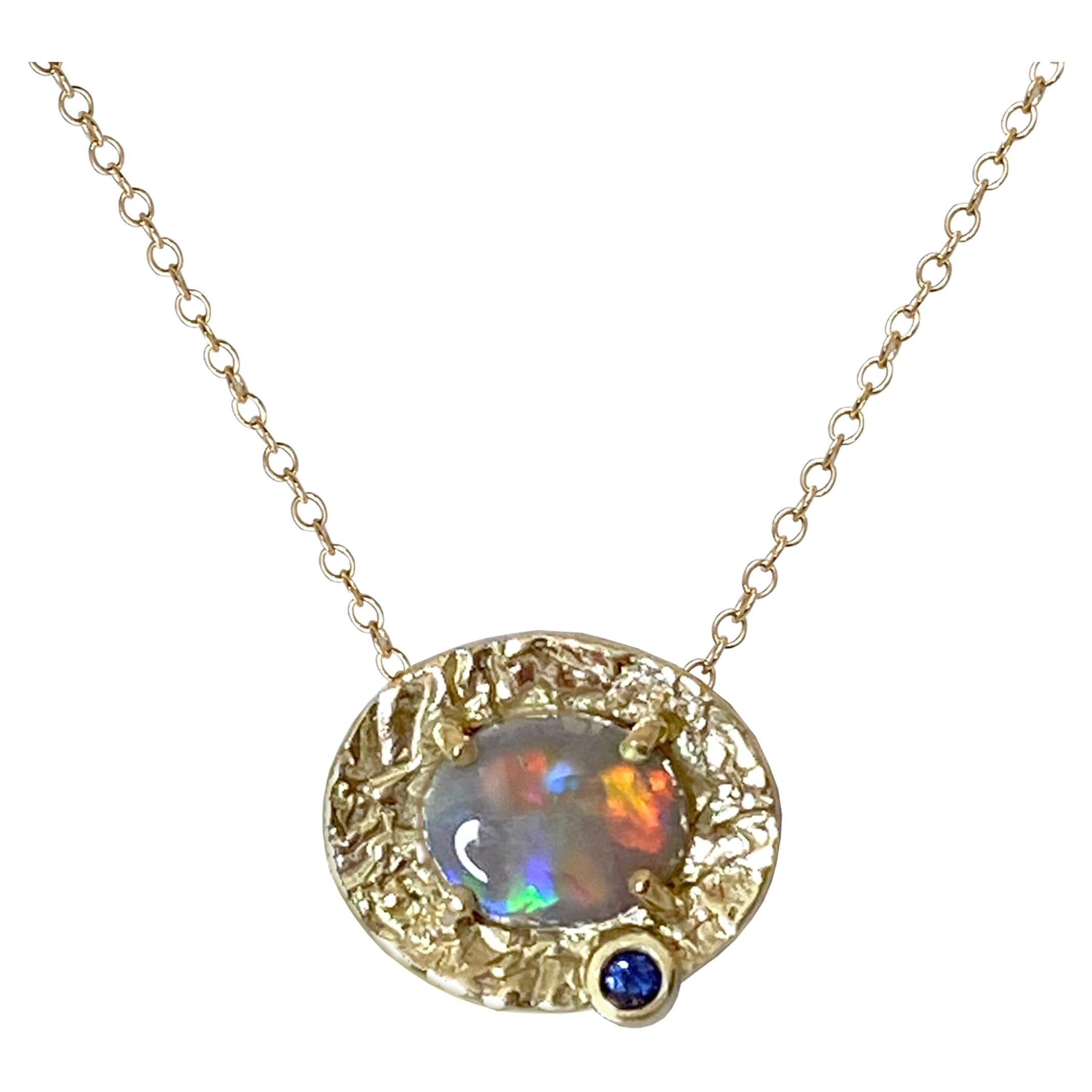 Petite Marigold Necklace, Opal set in 14 Karat Yellow Gold Frame, Blue Sapphire For Sale