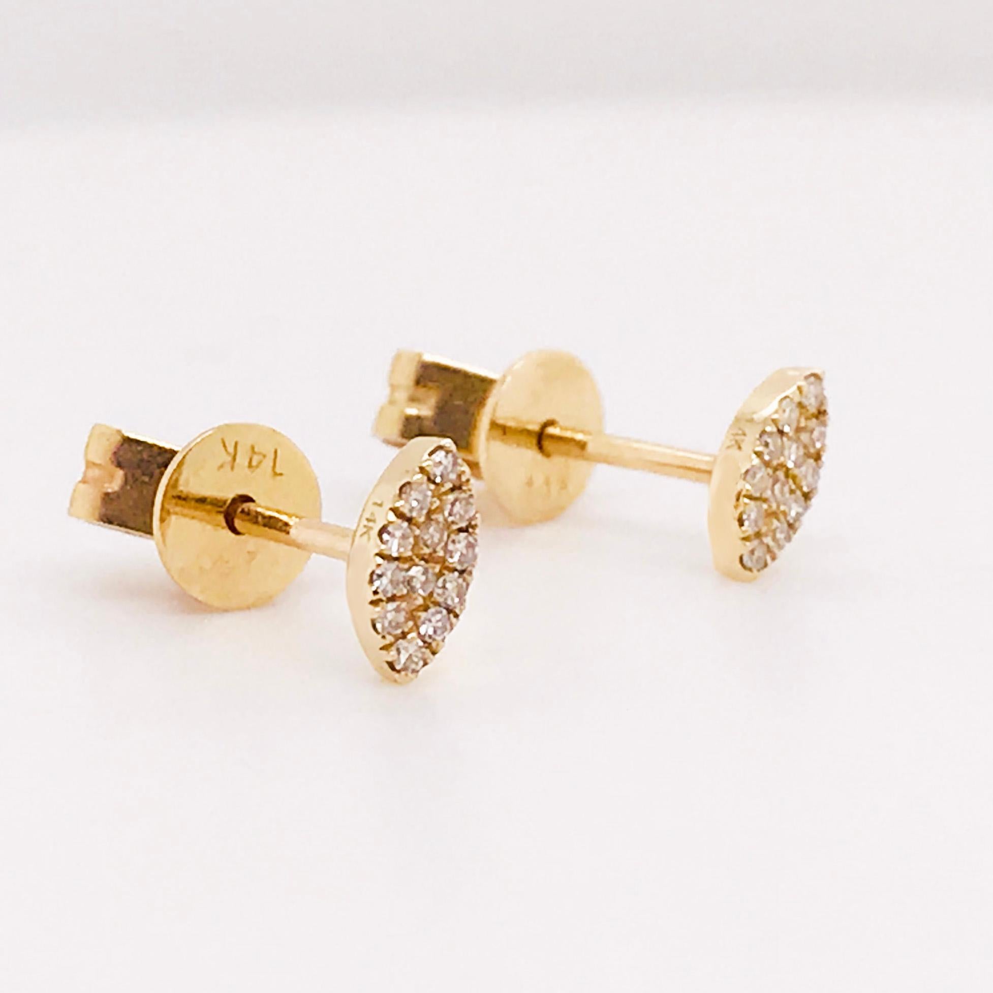 Round Cut Petite Marquise Diamond Pave Studs 0.08 Carats 14K Yellow Gold Tiny Earrings For Sale