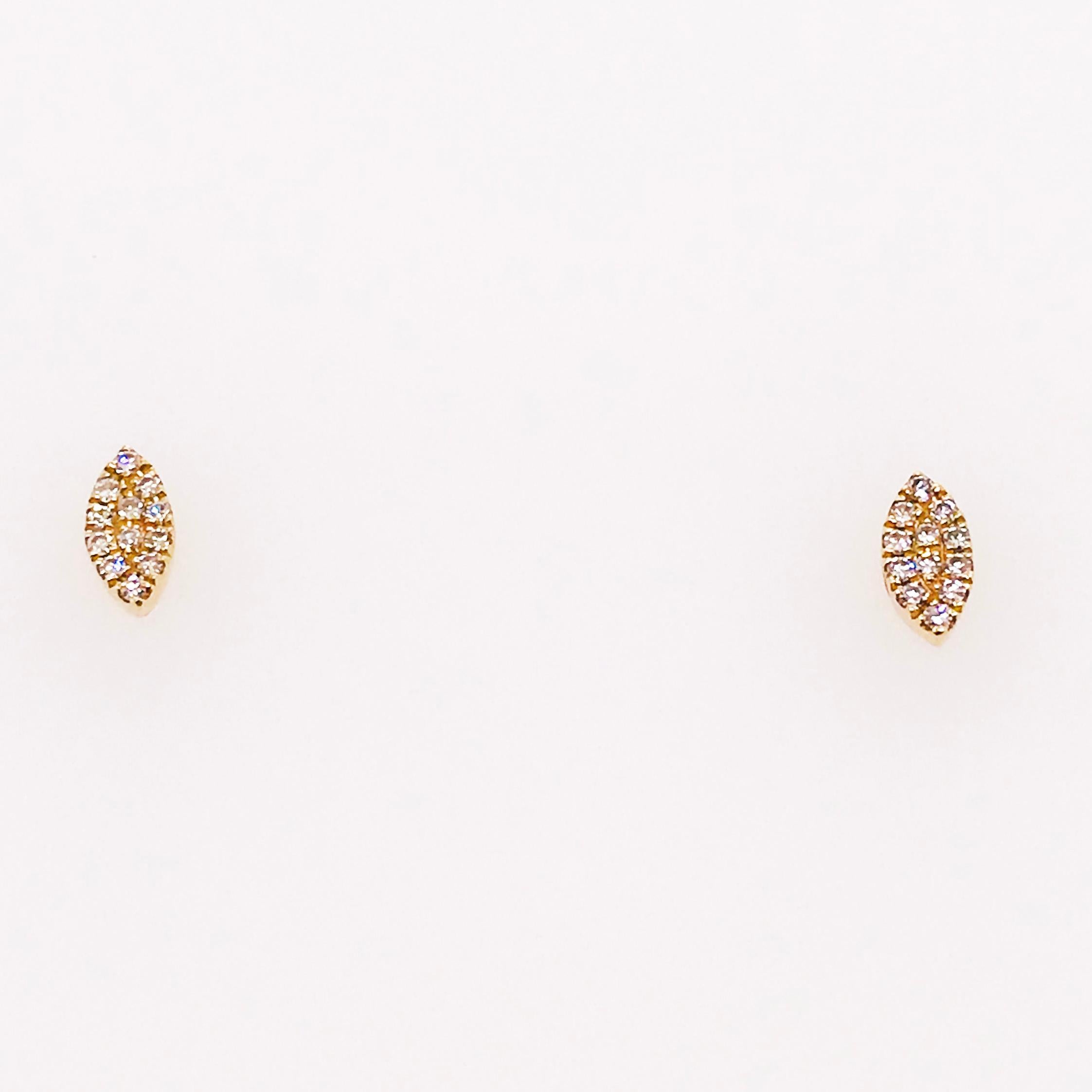 Petite Marquise Diamond Pave Studs 0.08 Carats 14K Yellow Gold Tiny Earrings In New Condition For Sale In Austin, TX