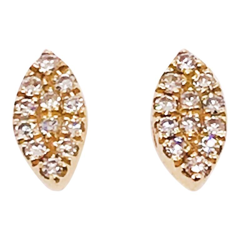 Petite Marquise Diamond Pave Studs 0.08 Carats 14K Yellow Gold Tiny Earrings For Sale
