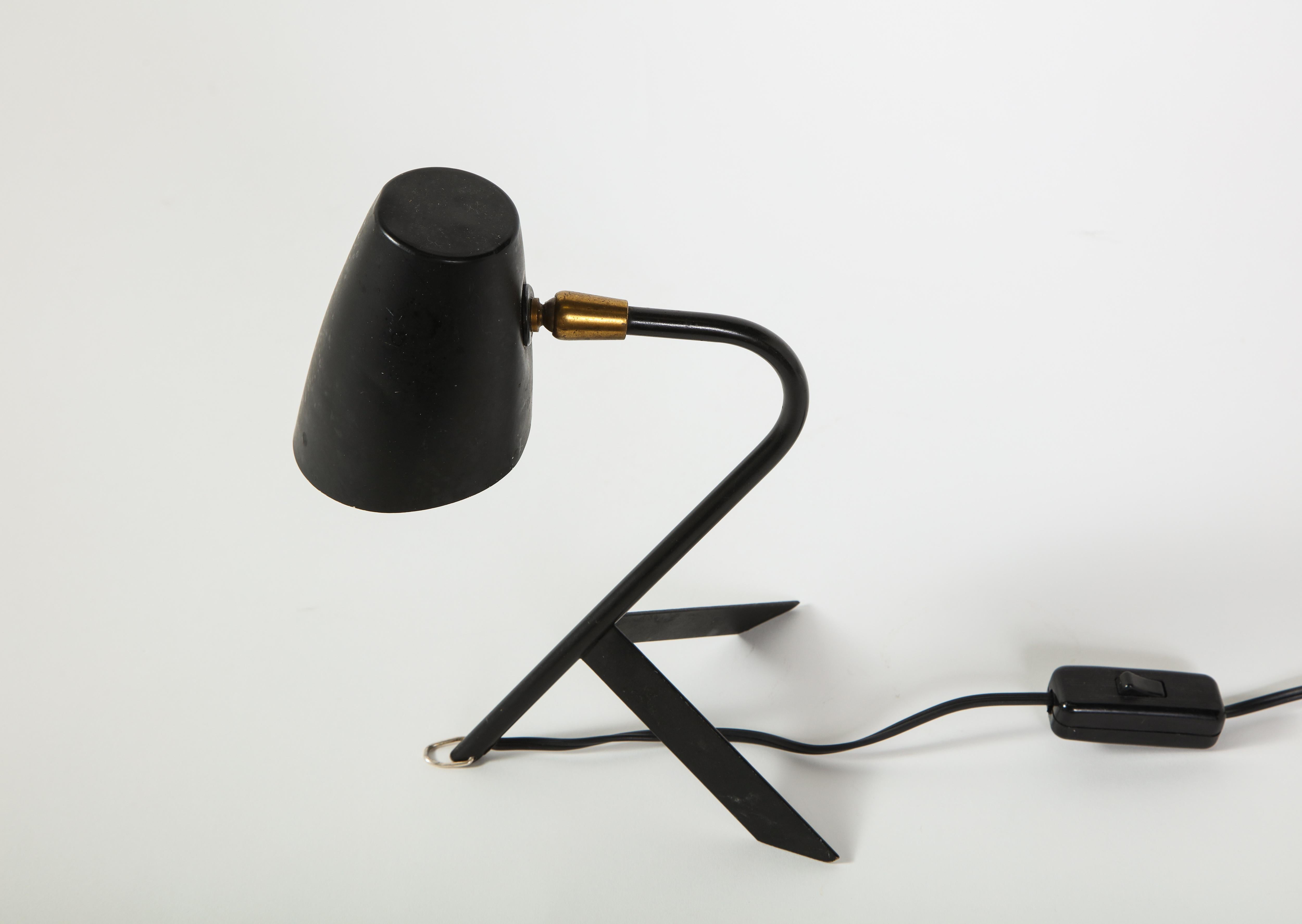 Mid-Century Modern Petite Midcentury French Black Metal and Brass Desk Lamp