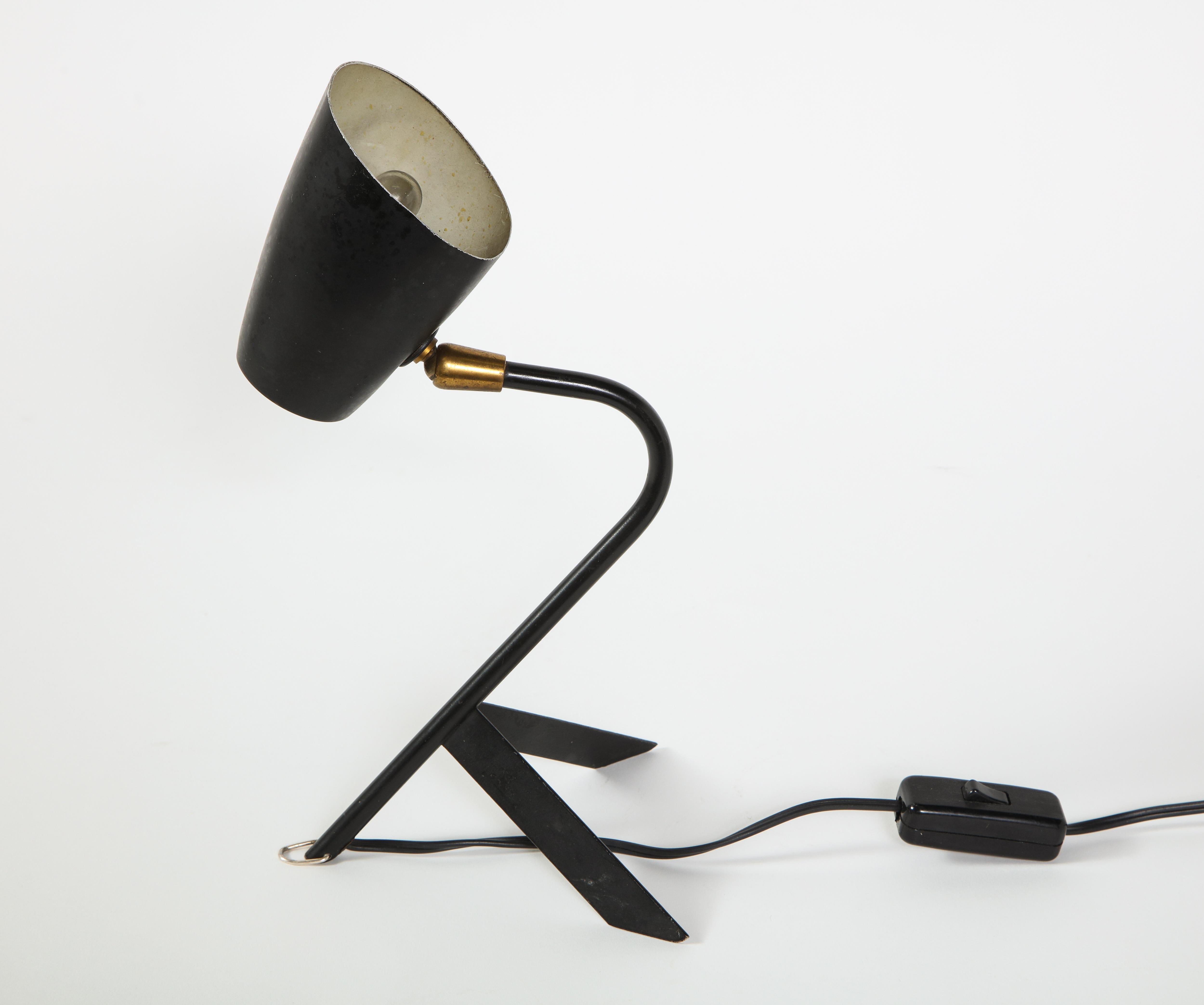 20th Century Petite Midcentury French Black Metal and Brass Desk Lamp