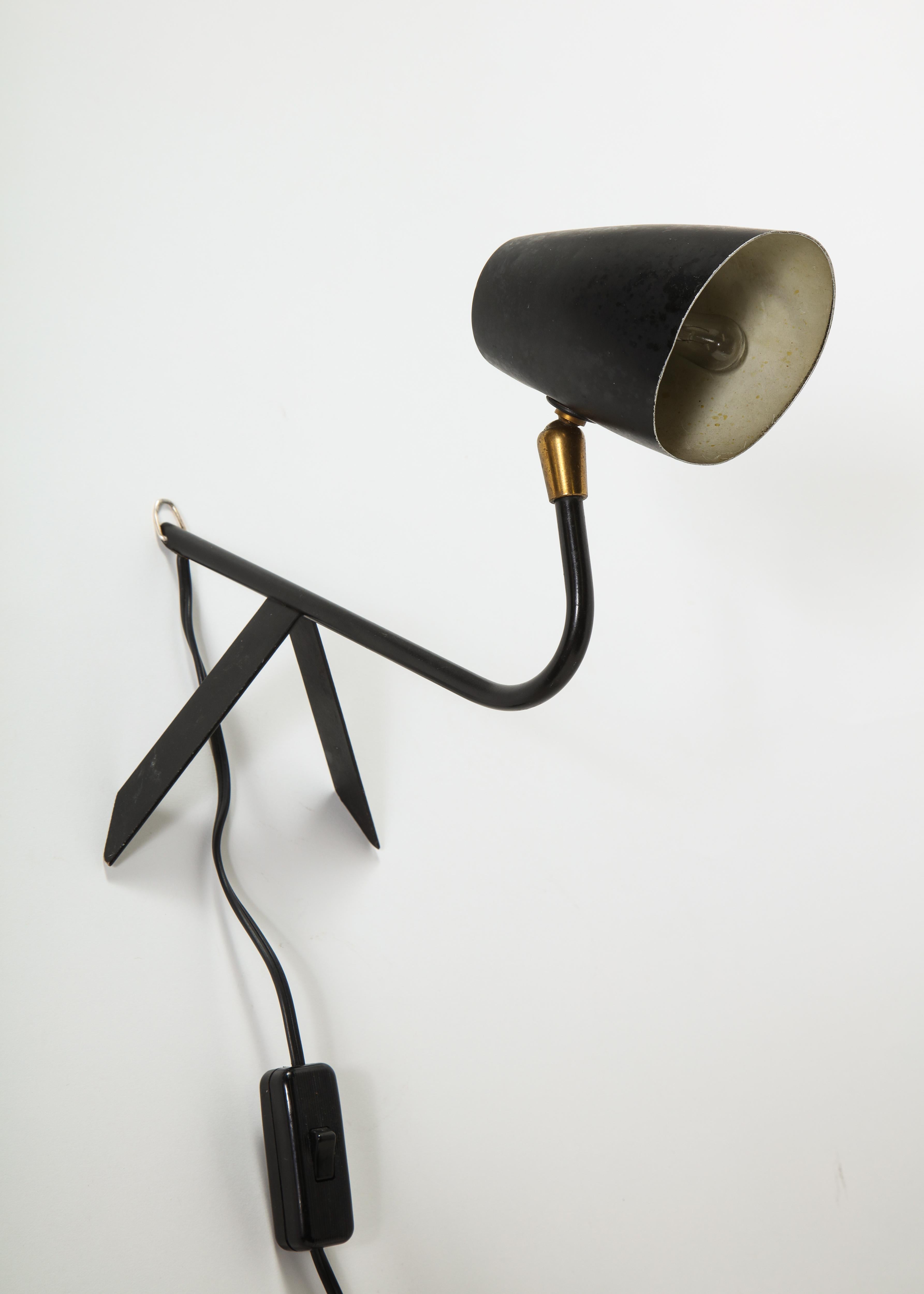 Petite Midcentury French Black Metal and Brass Desk Lamp 3