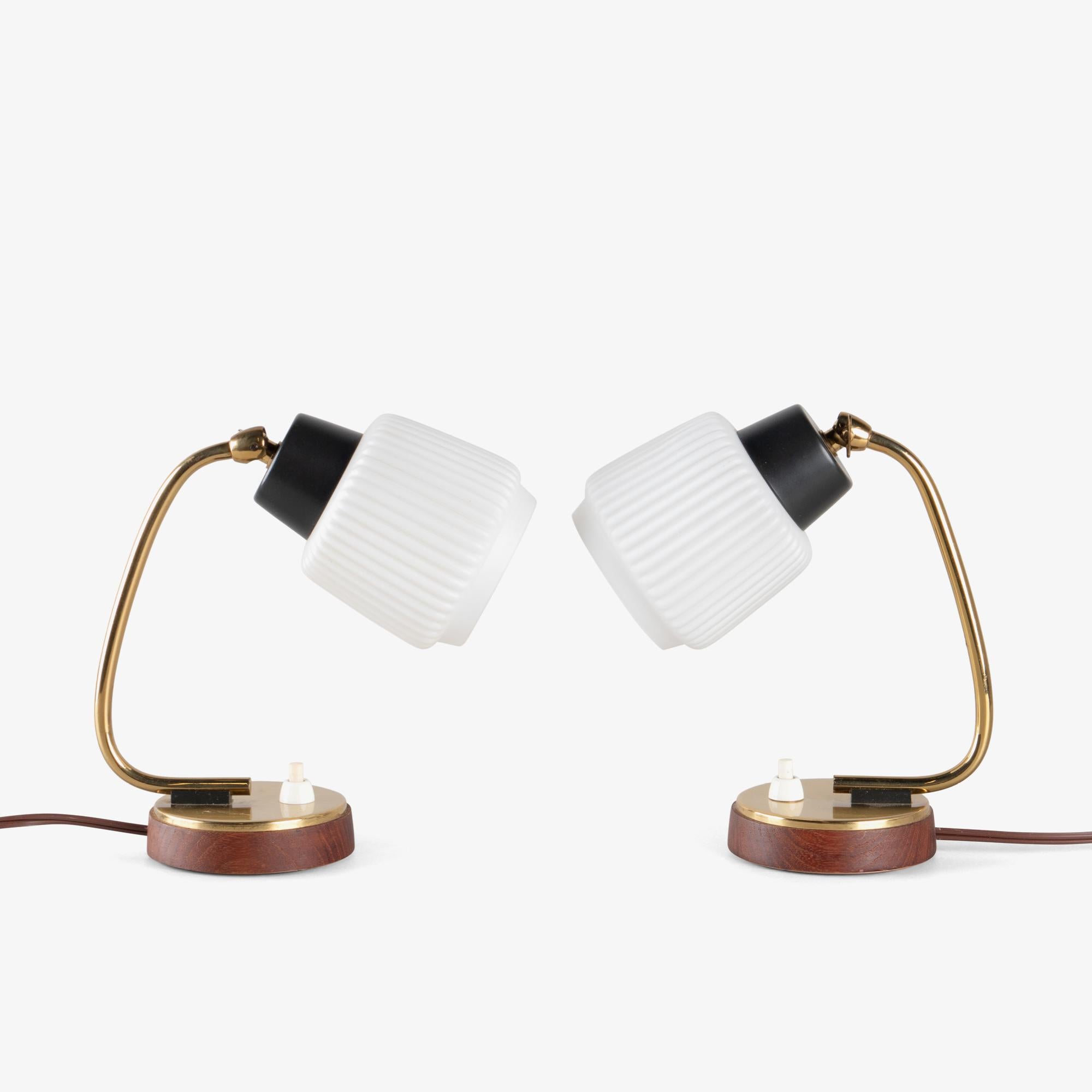 Mid-20th Century Petite Mid-Century Italian Task Lights in Glass, Brass, & Walnut, Pair