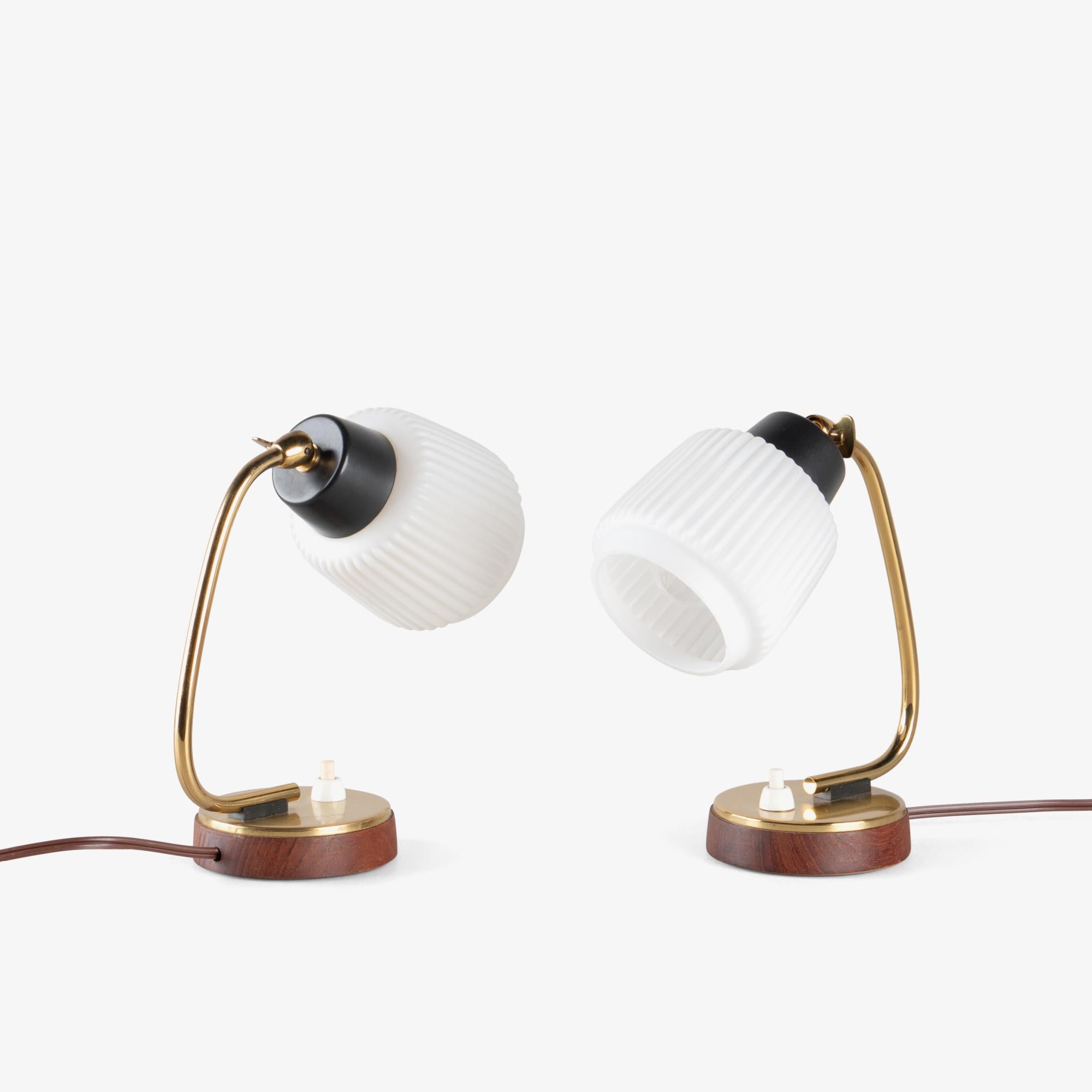Petite Mid-Century Italian Task Lights in Glass, Brass, & Walnut, Pair 1