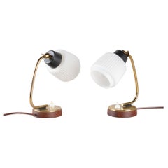 Petite Mid-Century Italian Task Lights in Glass, Brass, & Walnut, Pair