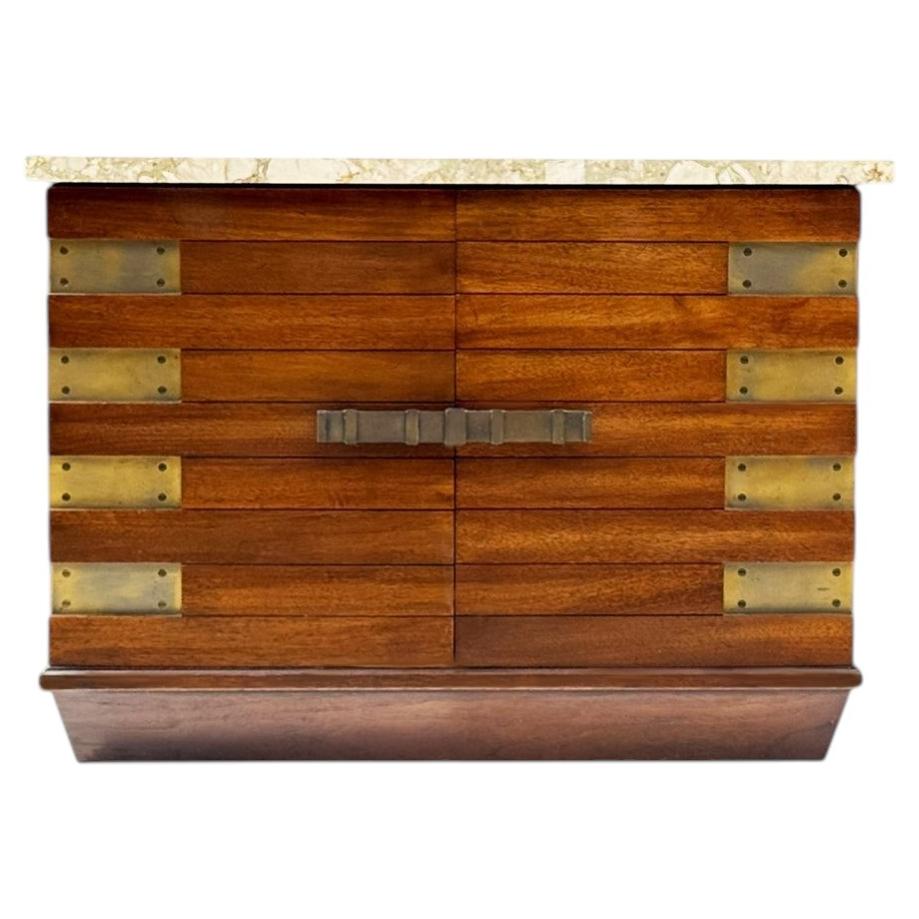 Petite Mid-Century Modern Cabinet in Walnut with Unique Marble Top & Brass