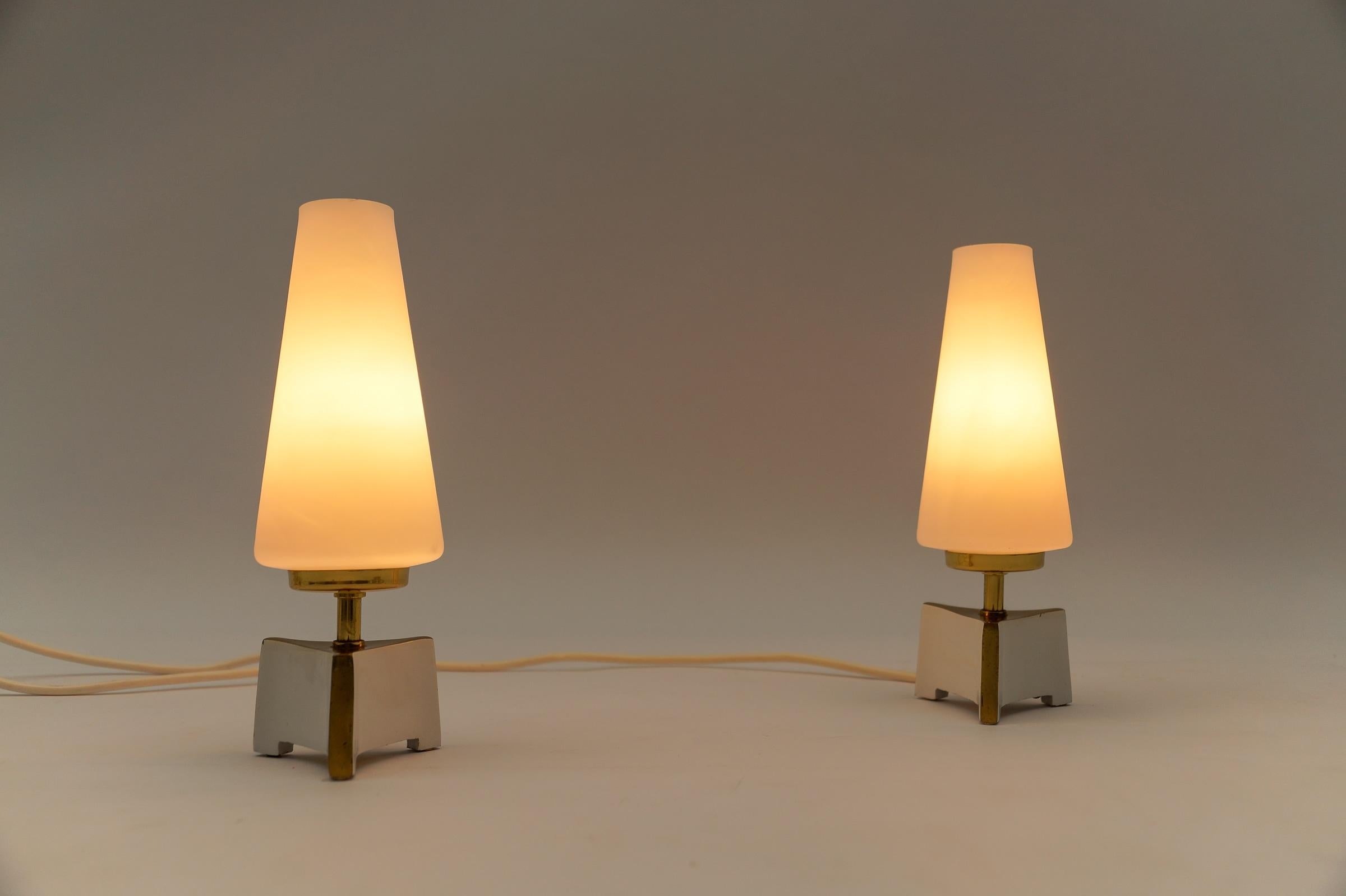 German Petite Mid-Century Modern Massive Brass and Opaline Glass Table Lamps, 1950s   For Sale