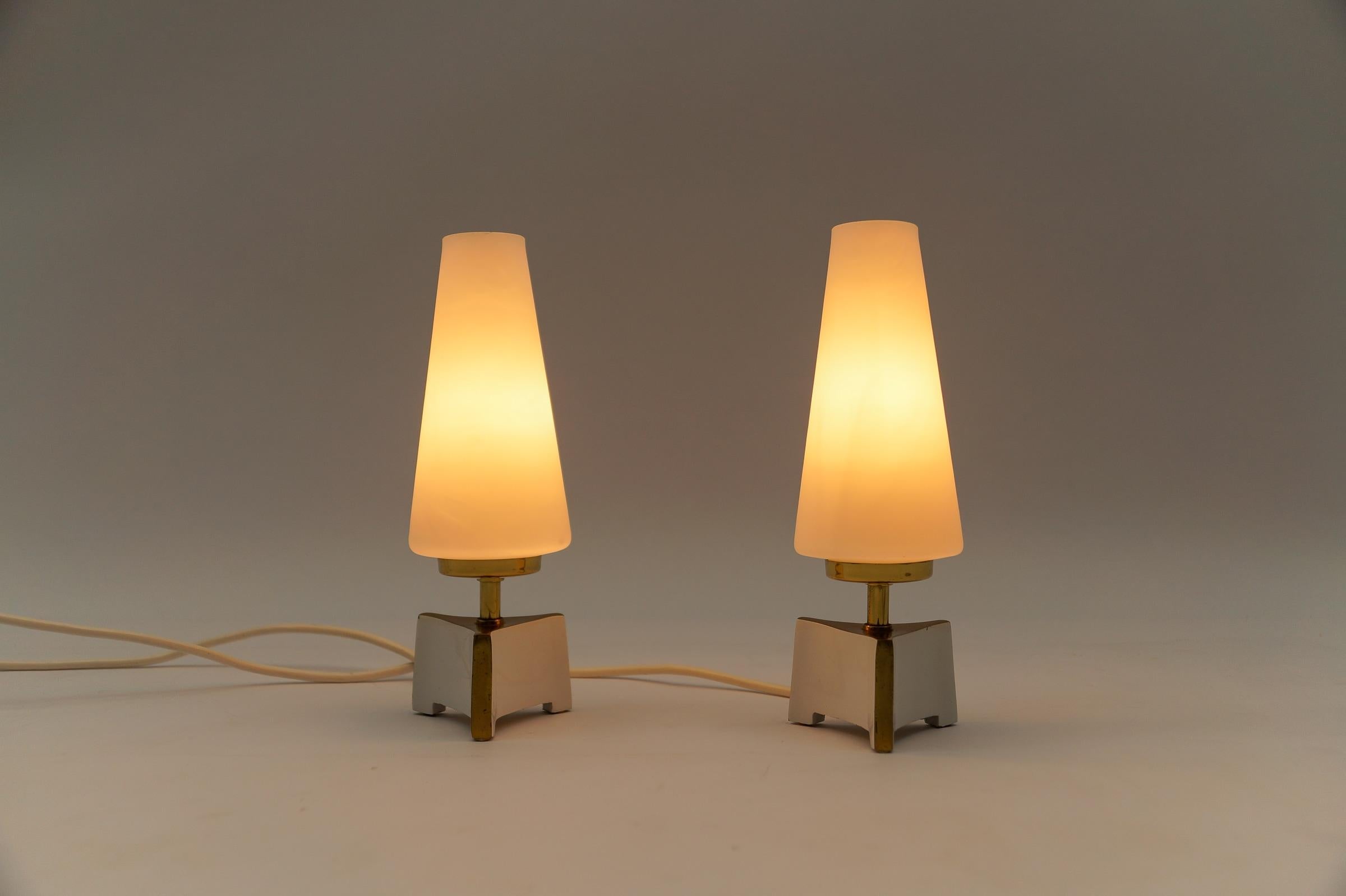 Mid-20th Century Petite Mid-Century Modern Massive Brass and Opaline Glass Table Lamps, 1950s   For Sale