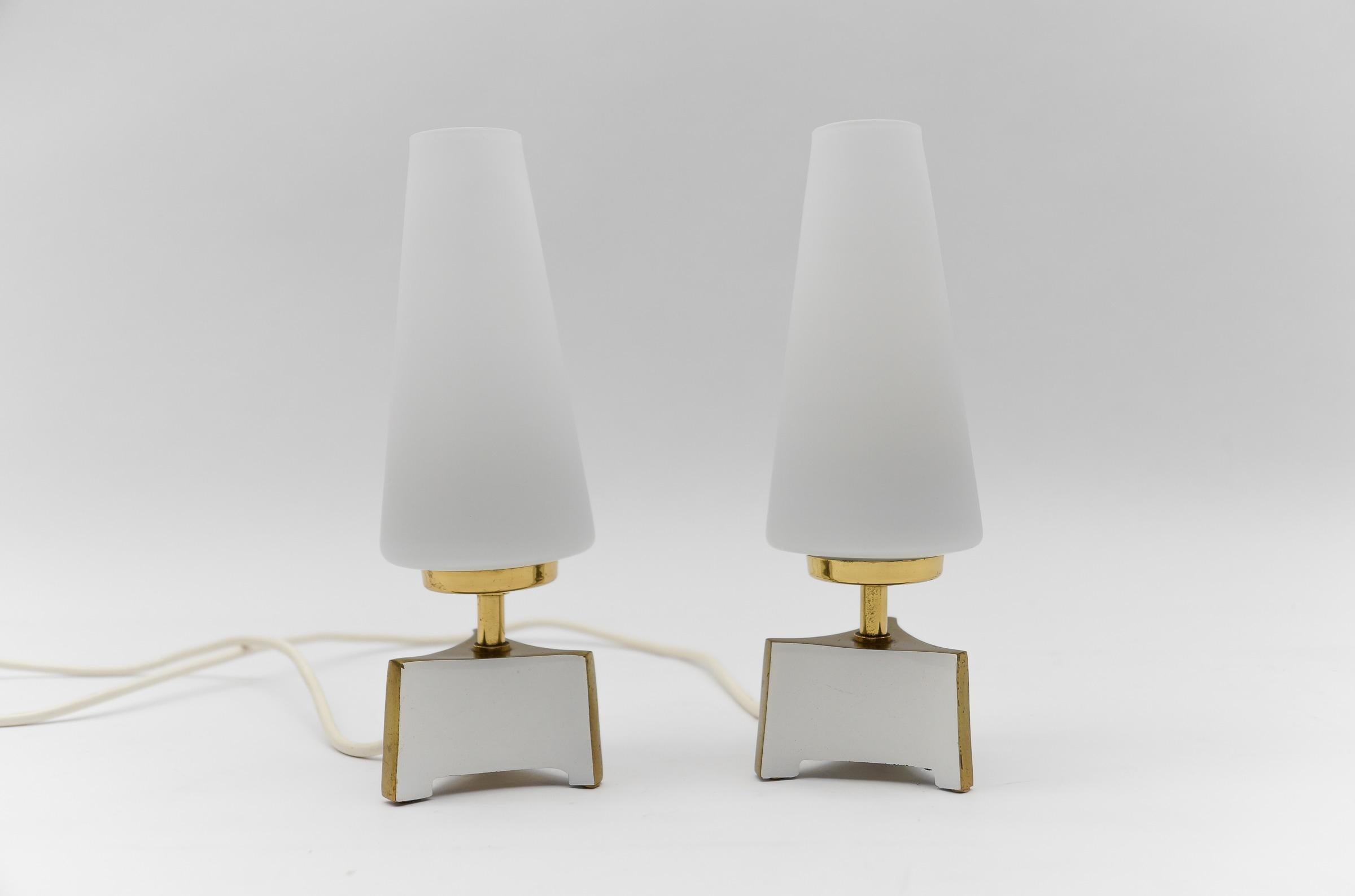 Metal Petite Mid-Century Modern Massive Brass and Opaline Glass Table Lamps, 1950s   For Sale