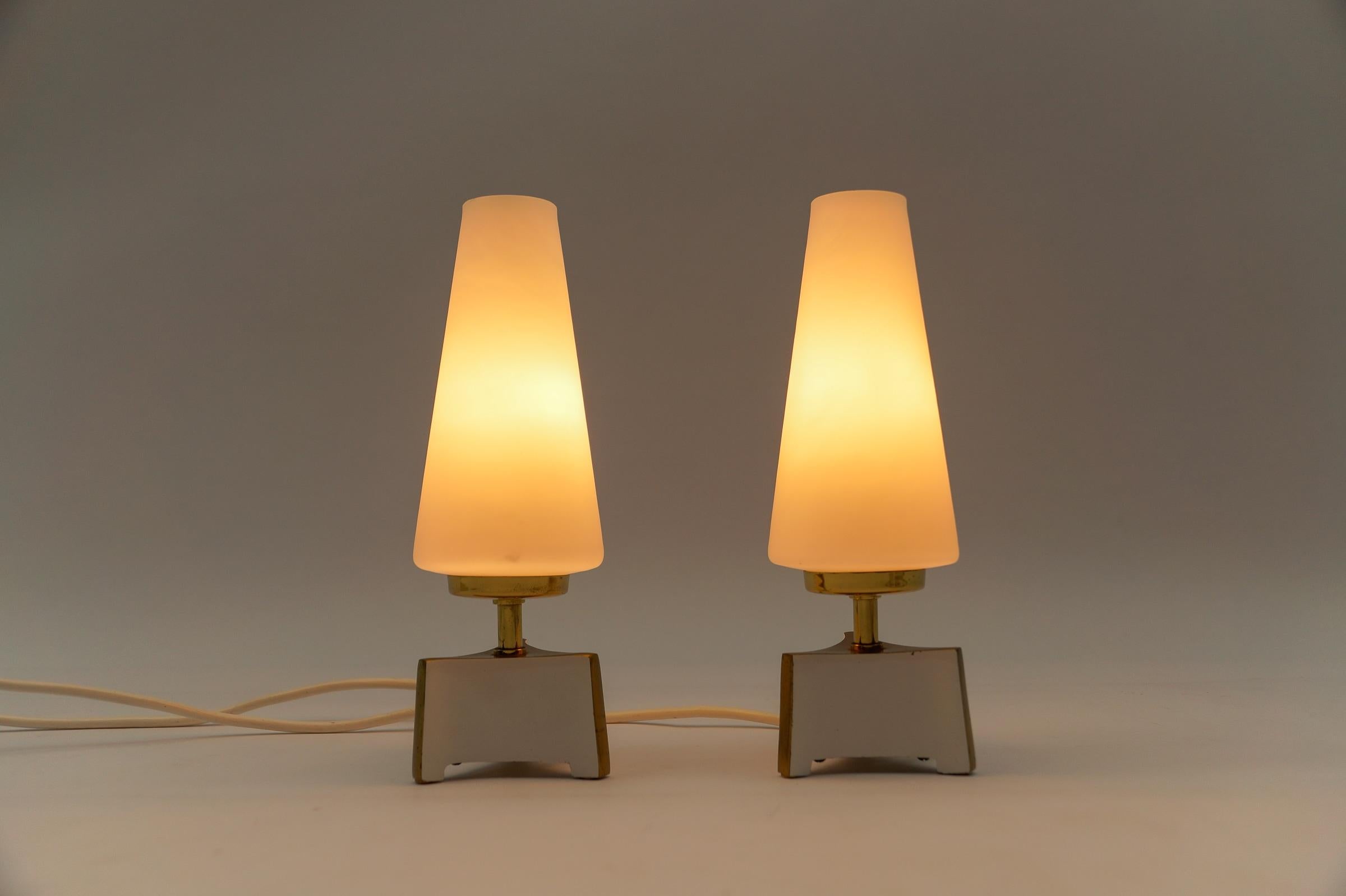 Petite Mid-Century Modern Massive Brass and Opaline Glass Table Lamps, 1950s   For Sale 1