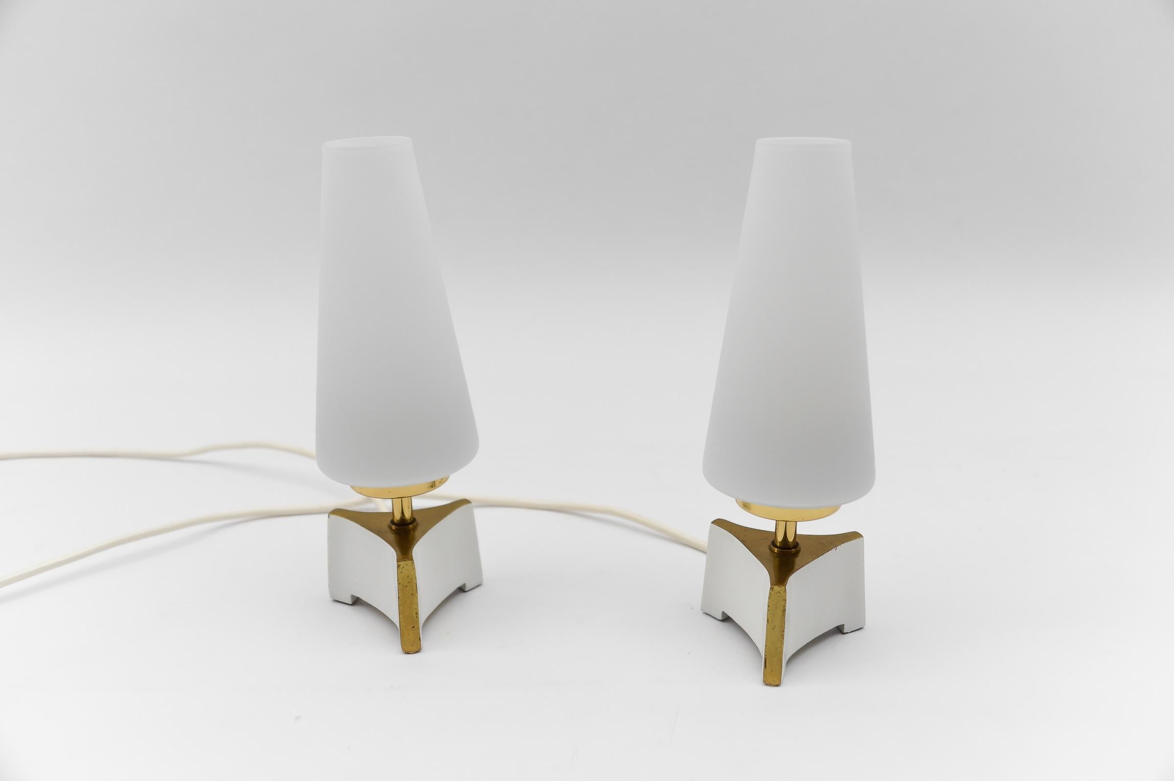 Petite Mid-Century Modern Massive Brass and Opaline Glass Table Lamps, 1950s   For Sale 2