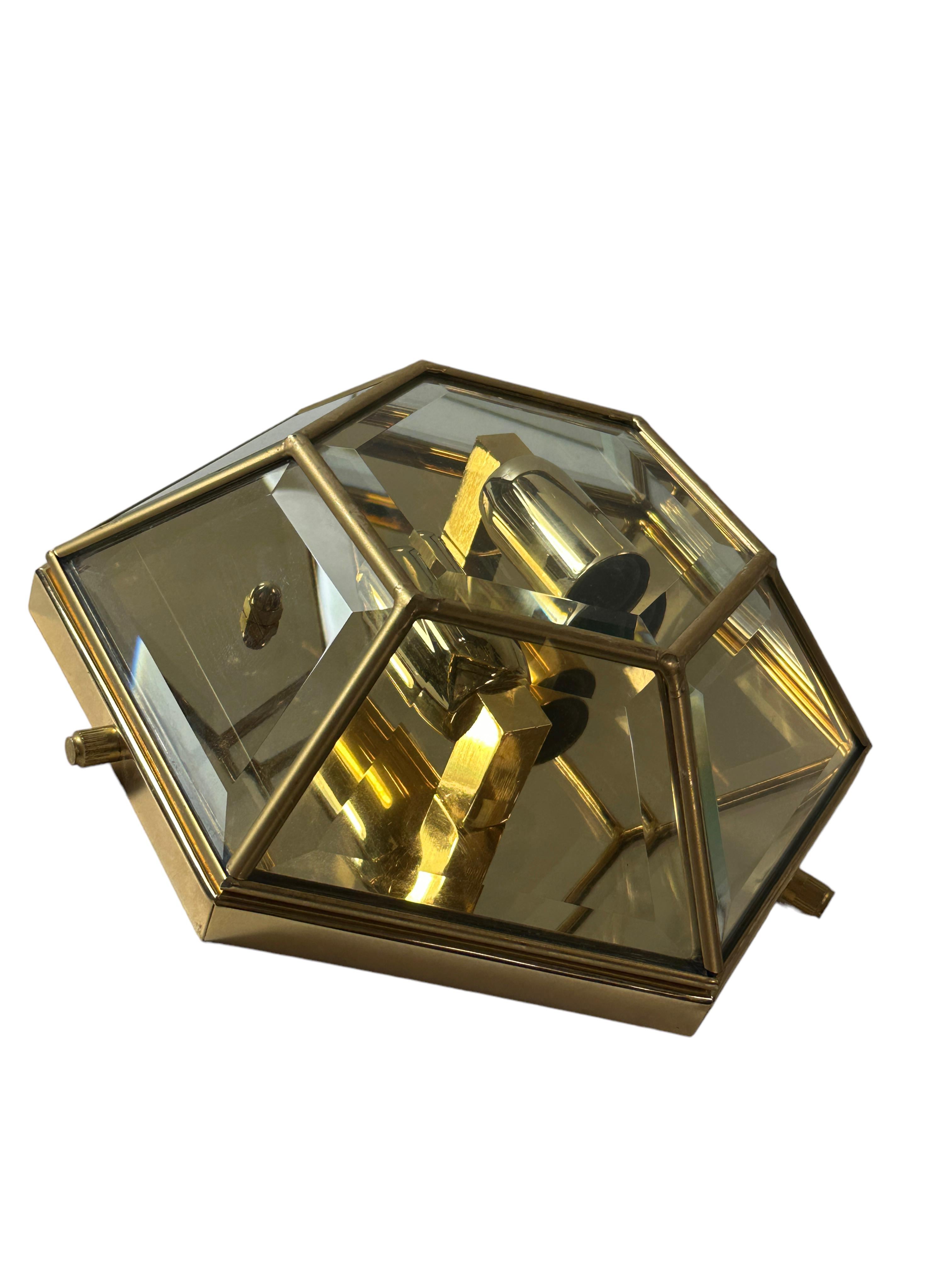 German Petite Mid-Century Modernist Octagonal Flush Mount Brass and Faceted Glass For Sale