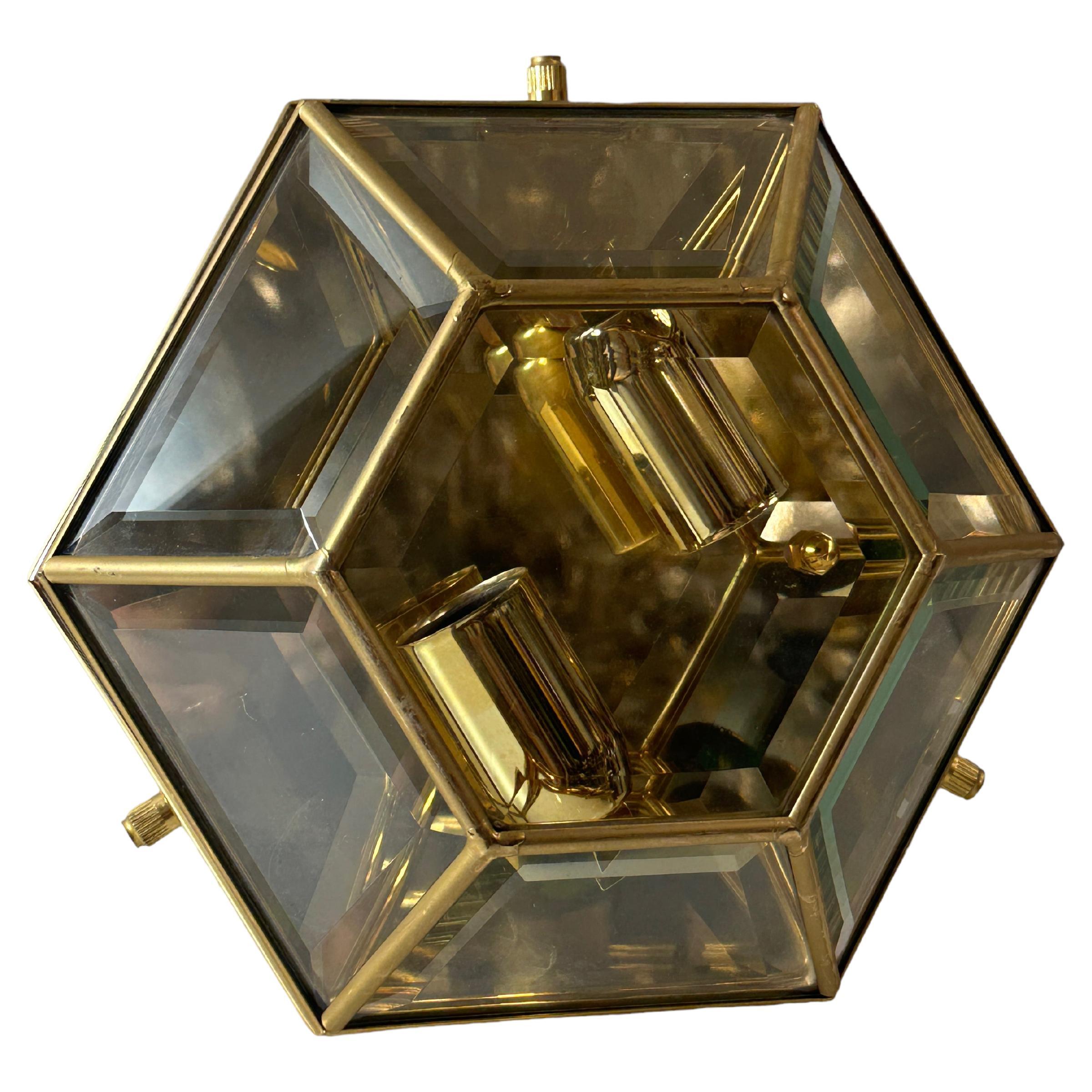Petite Mid-Century Modernist Octagonal Flush Mount Brass and Faceted Glass For Sale