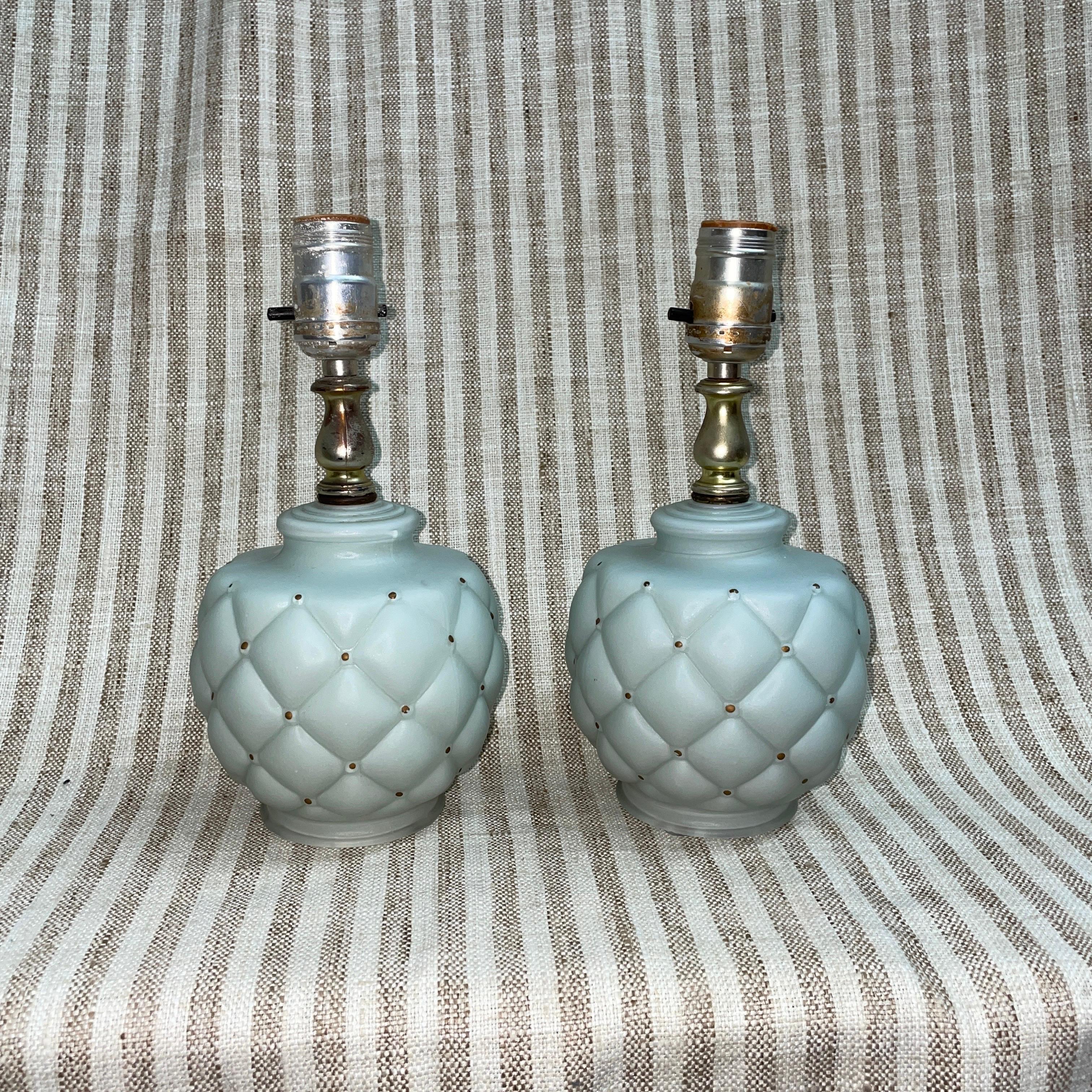 French Provincial Petite Mid Century Quilted Glass Table Lamps- a Pair