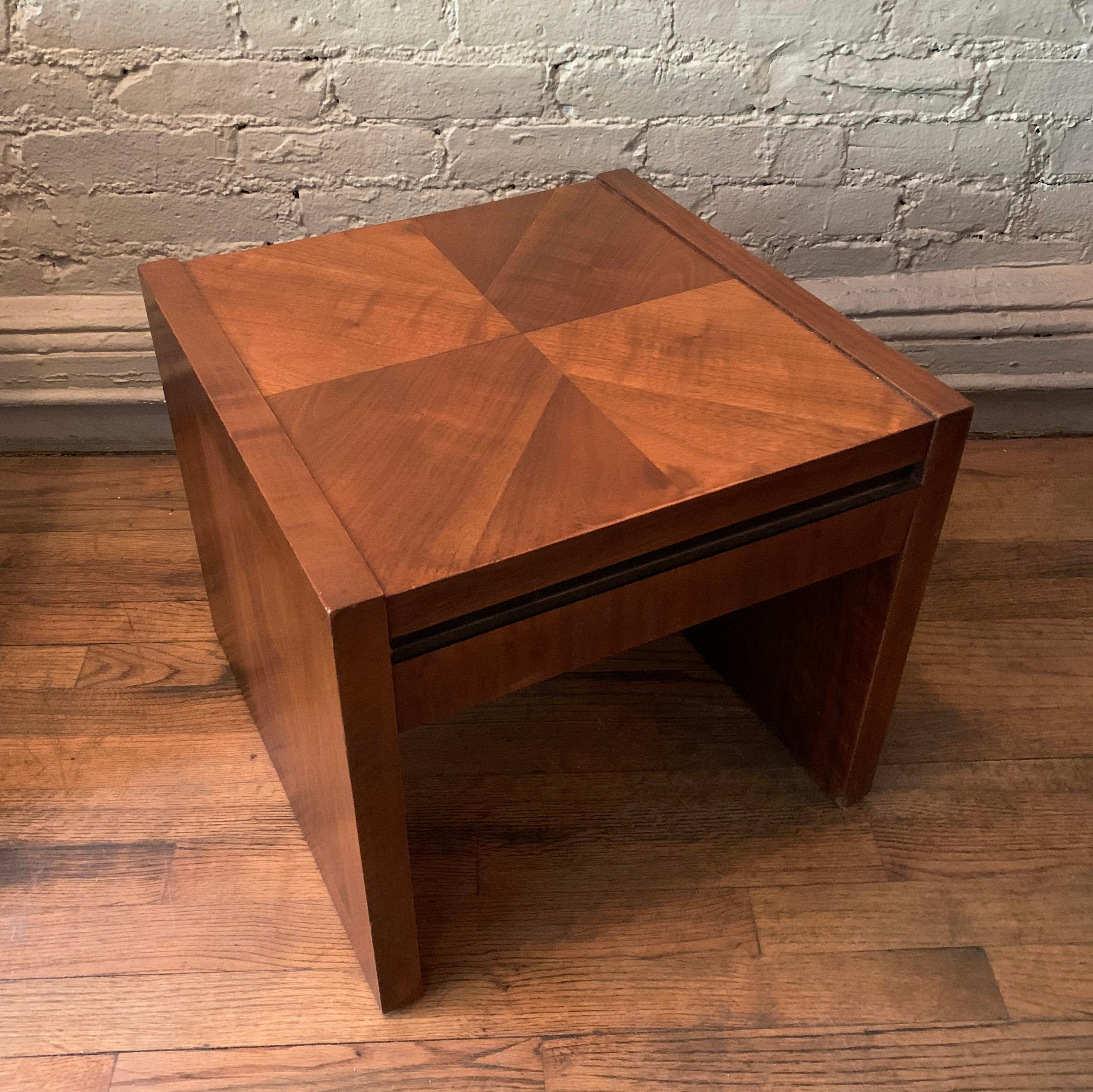 Petite, low, walnut, side or coffee table by Altavista Lane features a parquetry top.