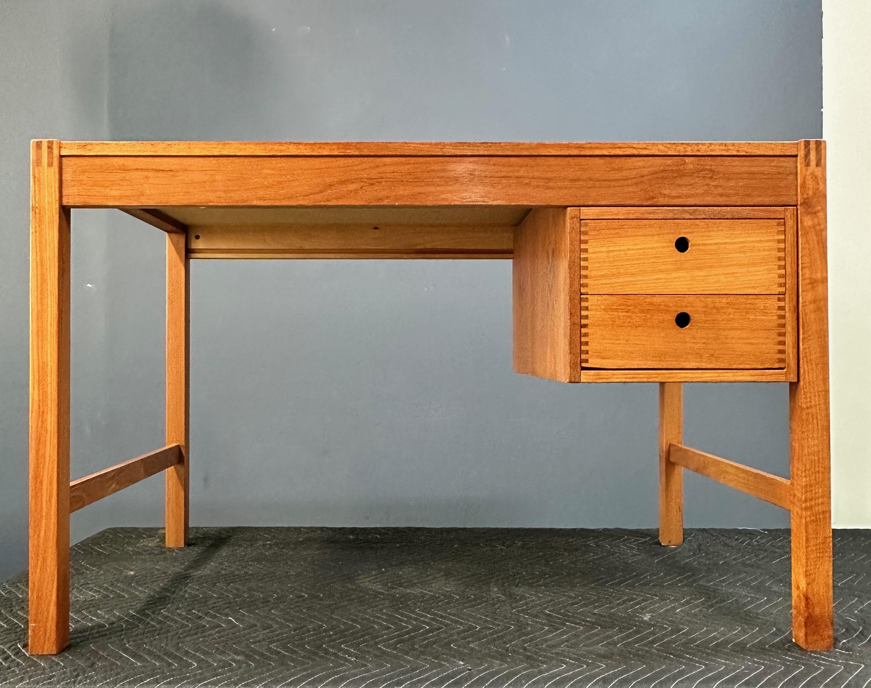 Petite Mid Century Teak Danish Desk with Sliding Drawers and Exposed Joinery  5