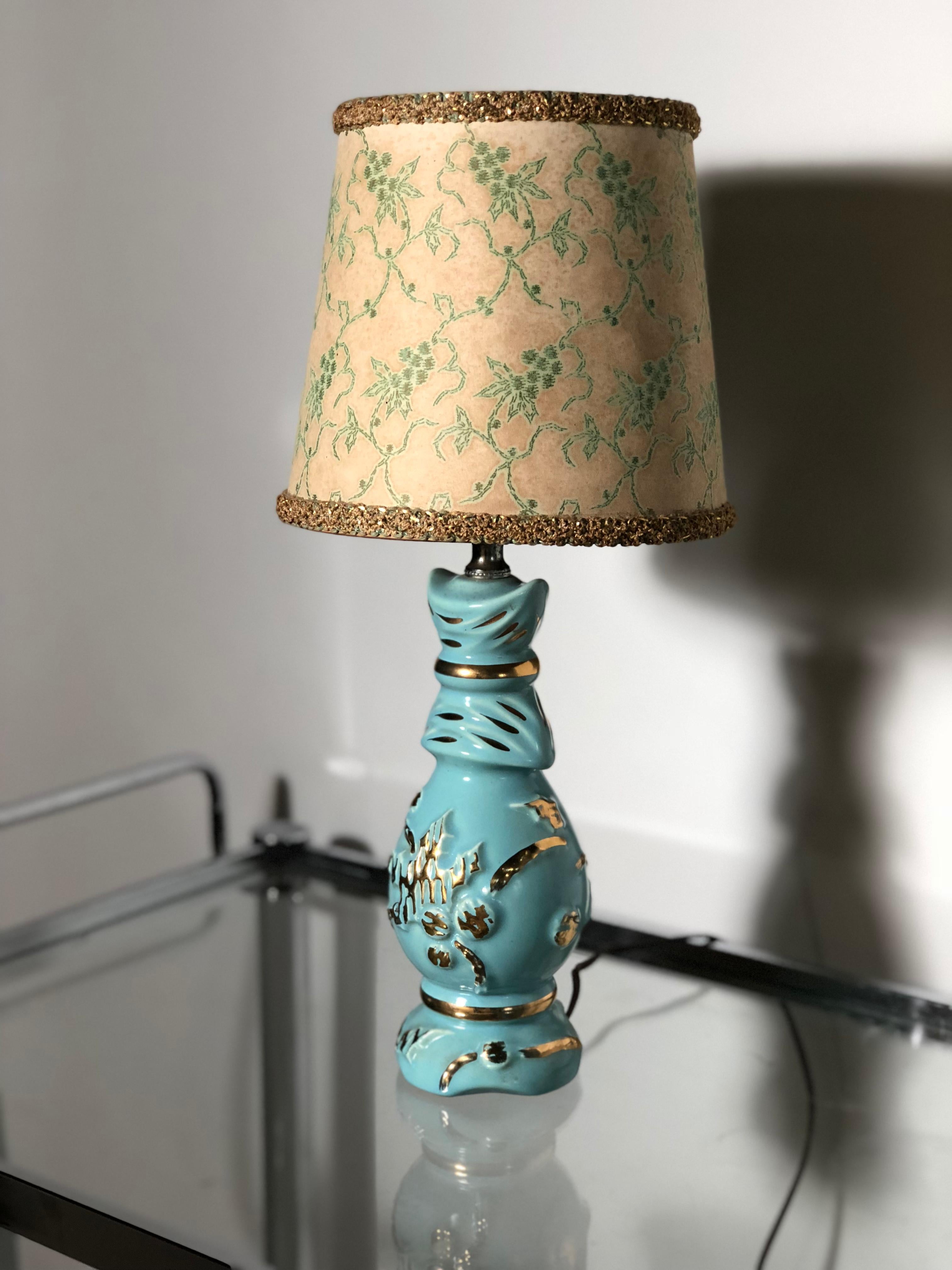 Mid-Century Modern Petite Midcentury Turquoise and Gold Table Lamp with Original Floral Shade For Sale