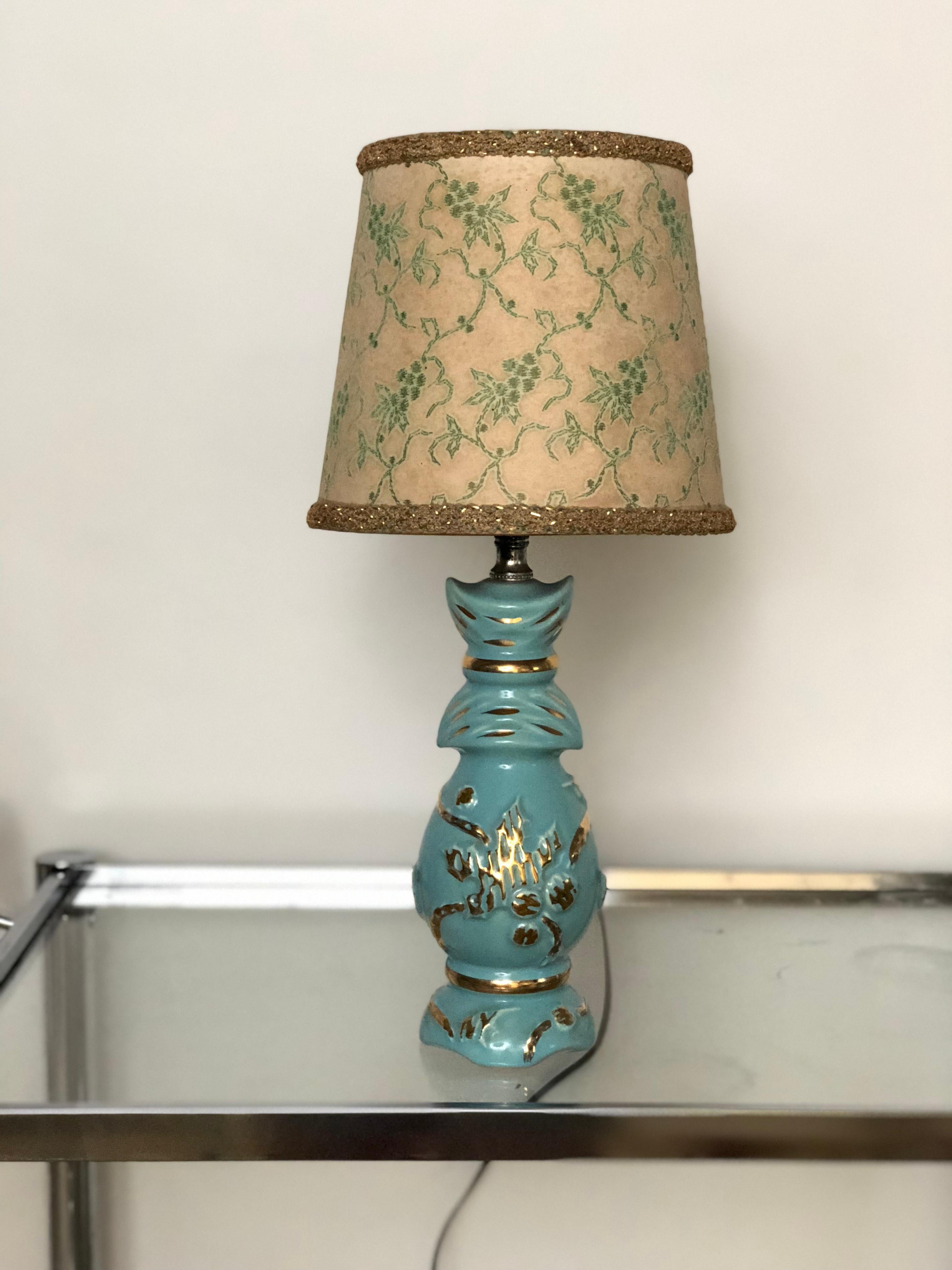 American Petite Midcentury Turquoise and Gold Table Lamp with Original Floral Shade For Sale