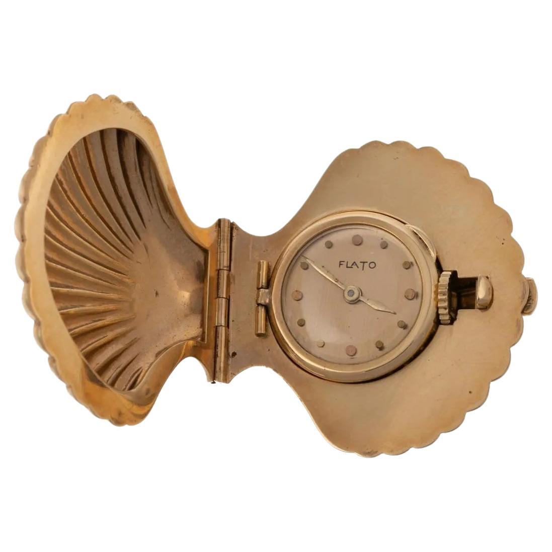 Paul Flato Petite montre de poche en or jaune 14 carats avec coquillages, milieu du siècle dernier