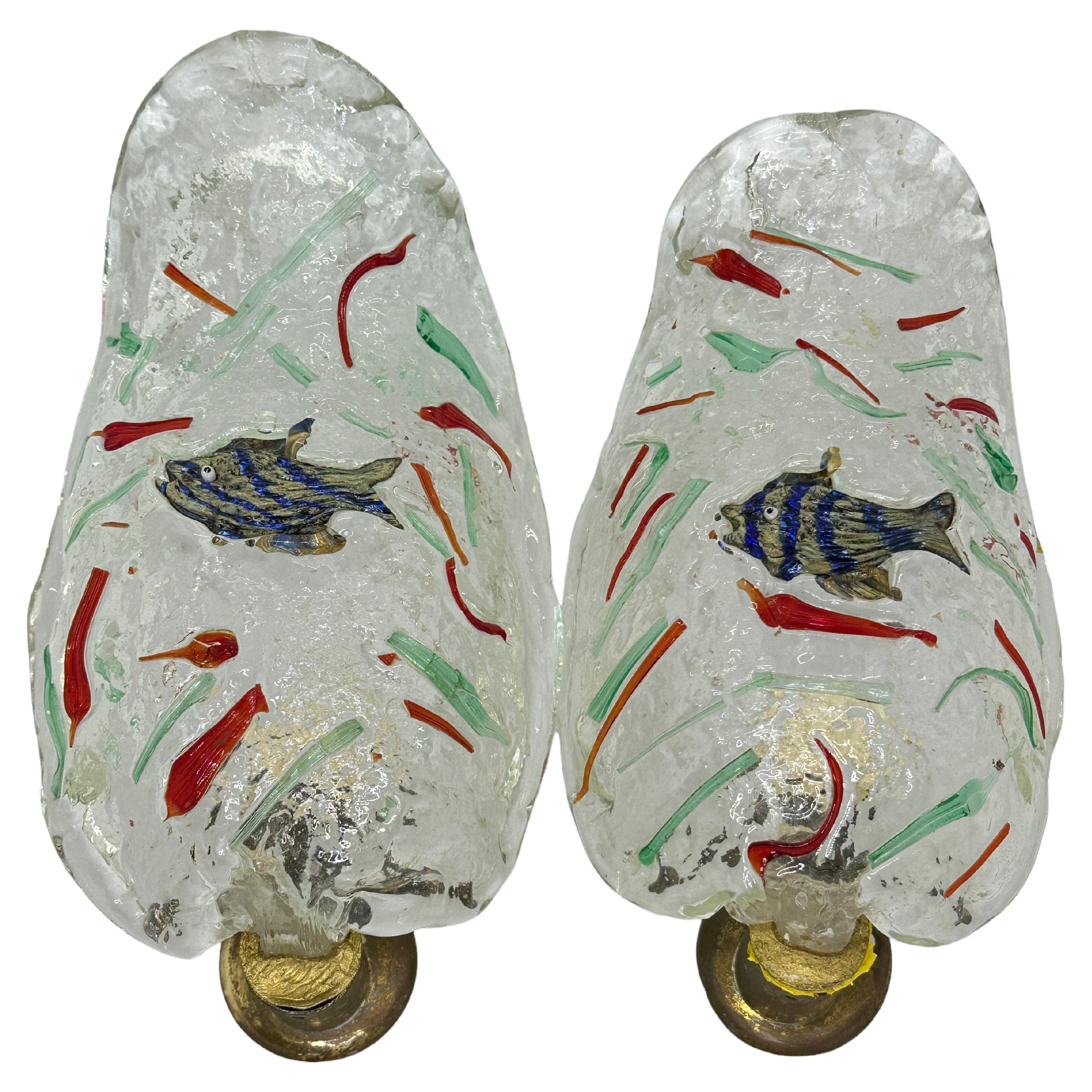 Petite Mid-Century Pair of Fisch Aquarium Sconces Style of Barovier and Toso For Sale