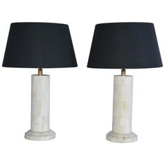 Petite Midcentury Style Column Shape Bone Mosaic Lamps