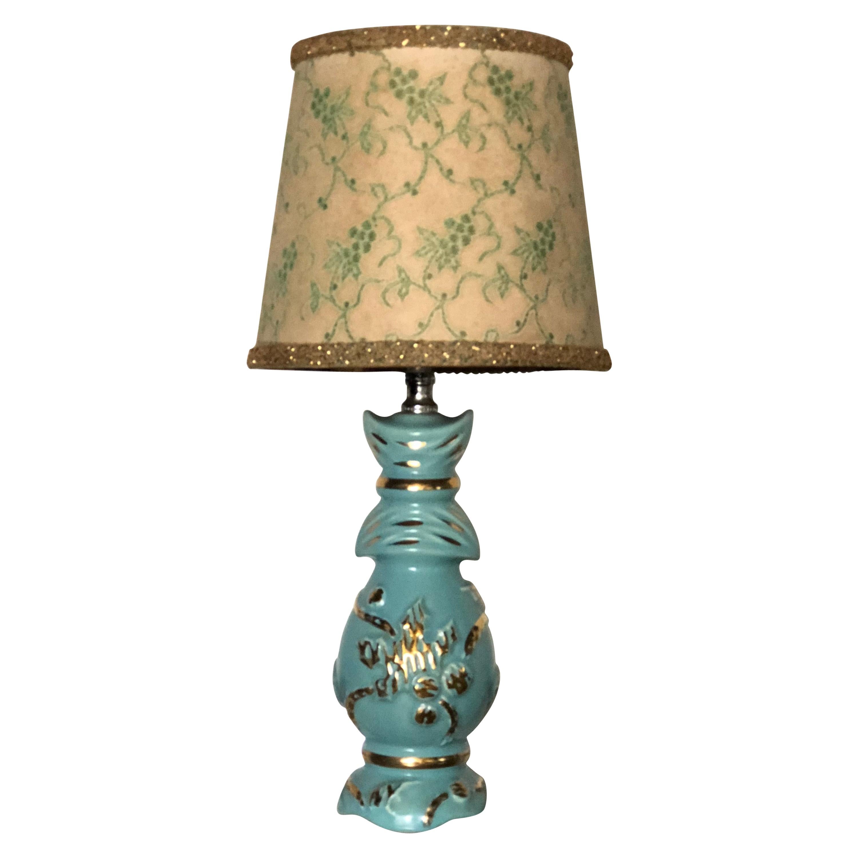 Petite Midcentury Turquoise and Gold Table Lamp with Original Floral Shade