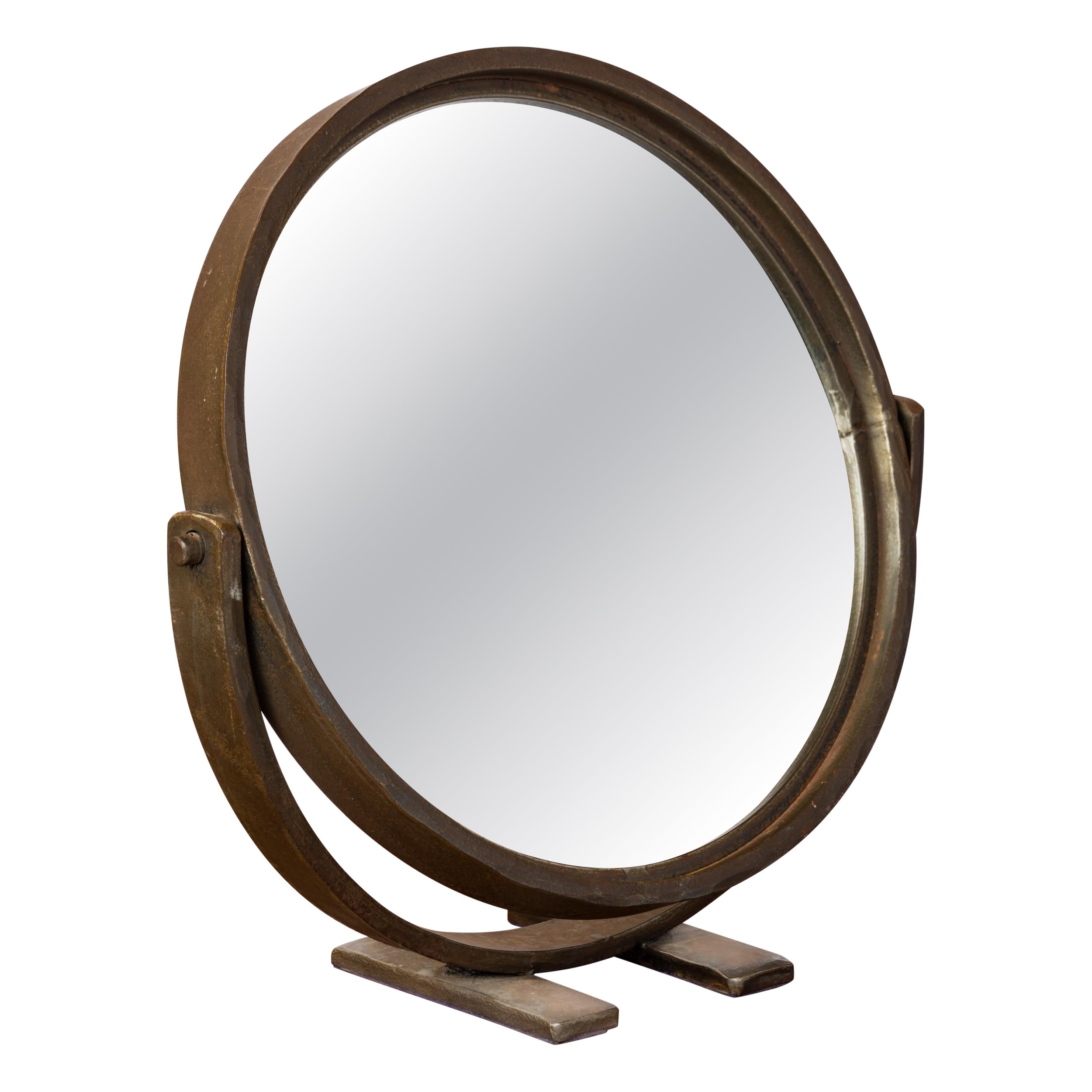 Petite Minimalist Swivel Patinated Wrought Iron Mirror - France 1970's For Sale