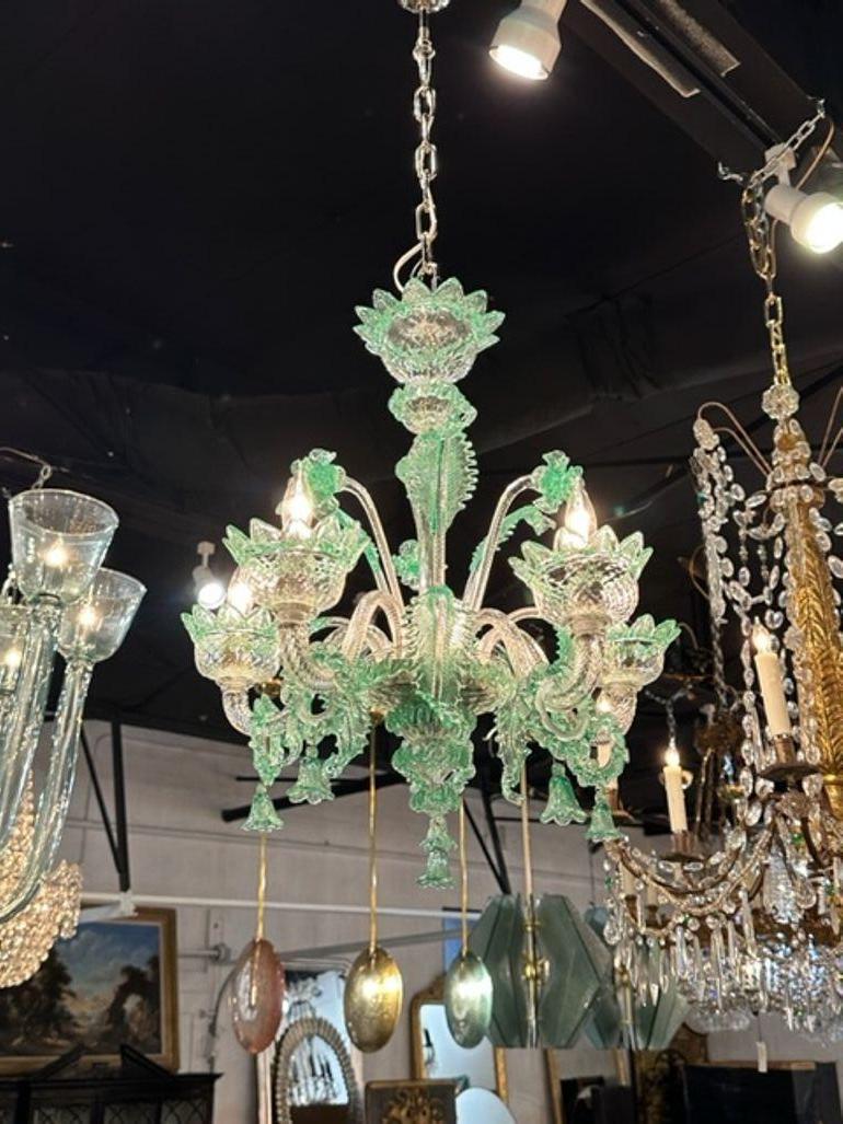 Petite mint green Venetian glass 5-light chandelier. Circa 2000. The chandelier has been professionally rewired, comes with matching chain and canopy. It is ready to hang!