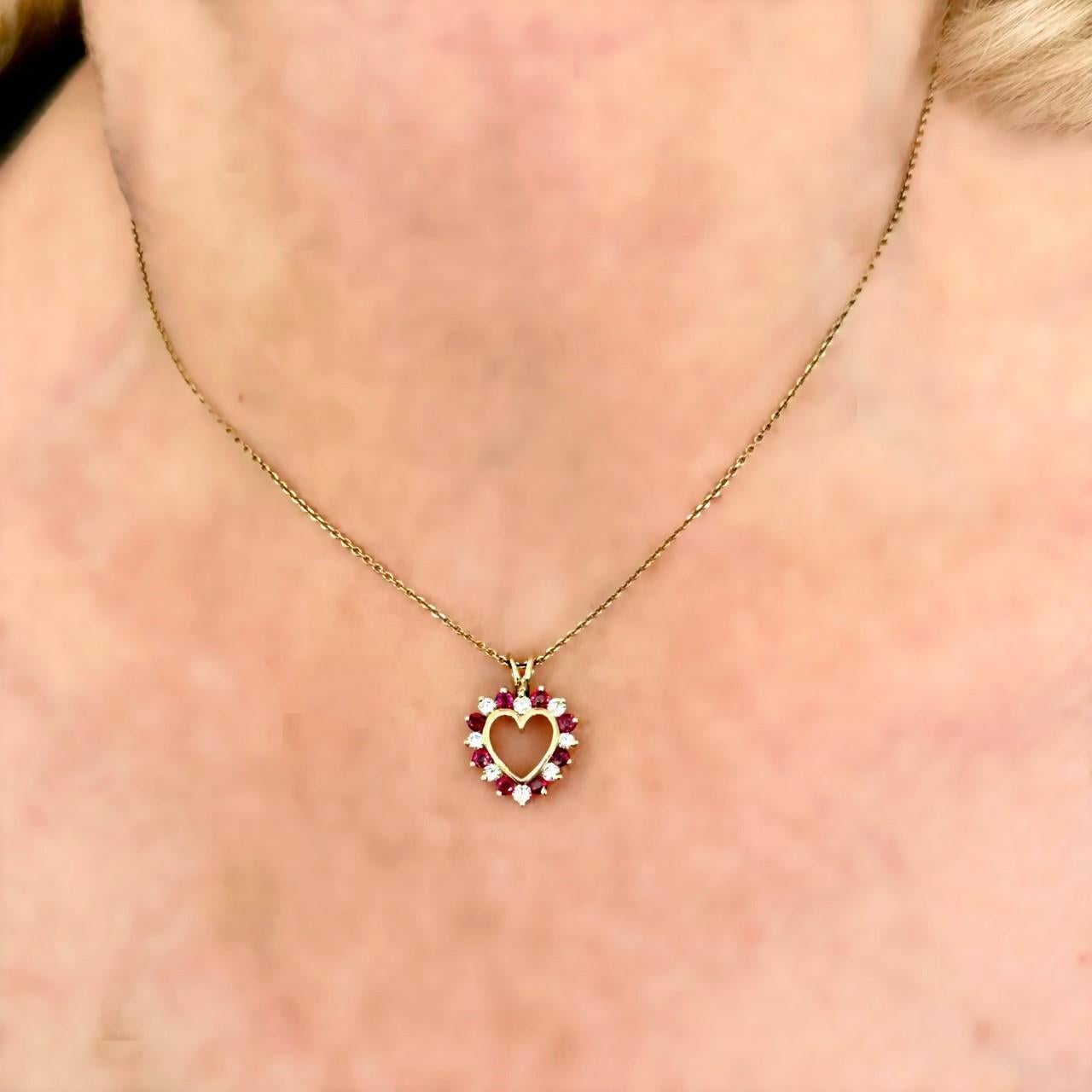 Women's Petite Modern Gold Heart Pendant with Rubies and Diamonds For Sale