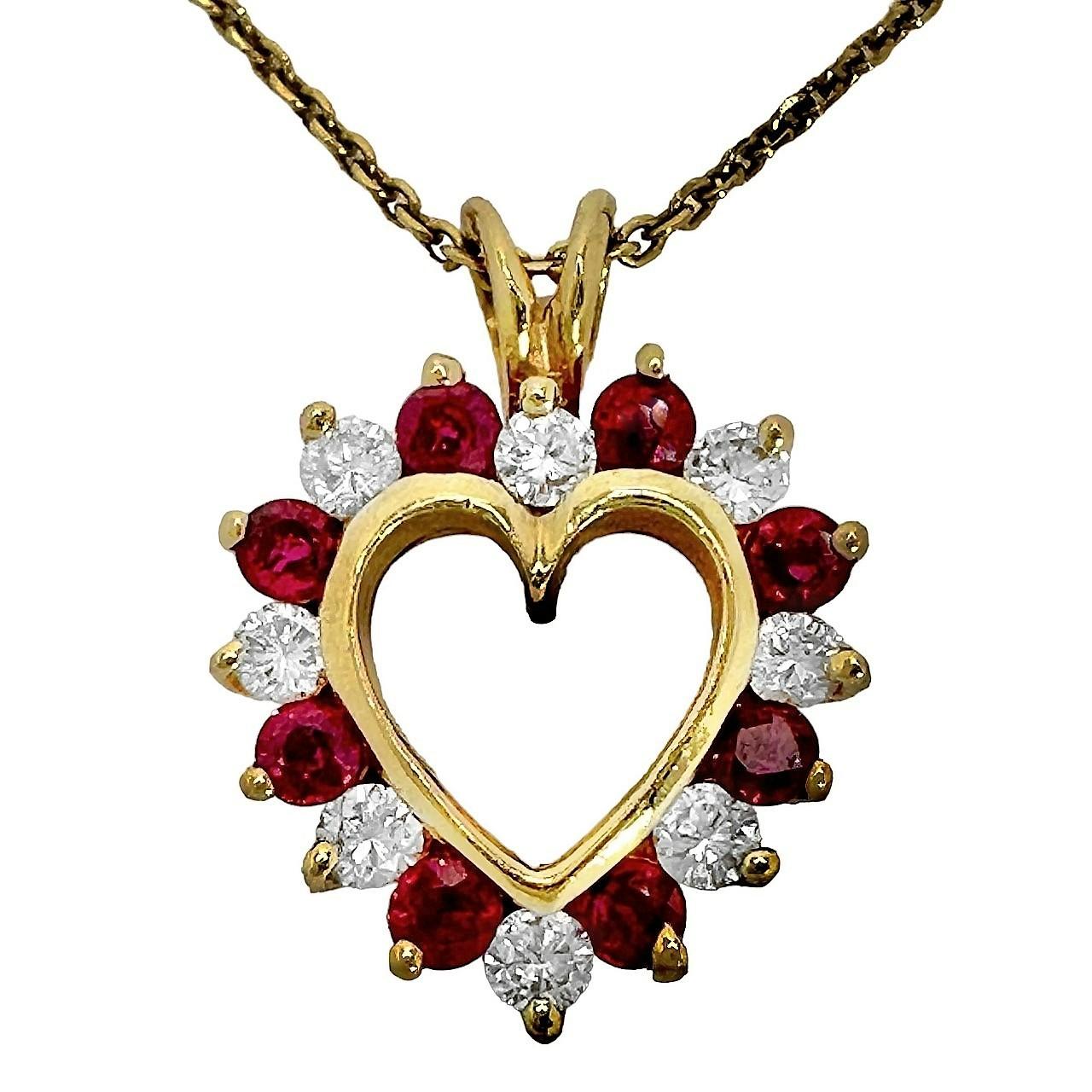 Petite Modern Gold Heart Pendant with Rubies and Diamonds