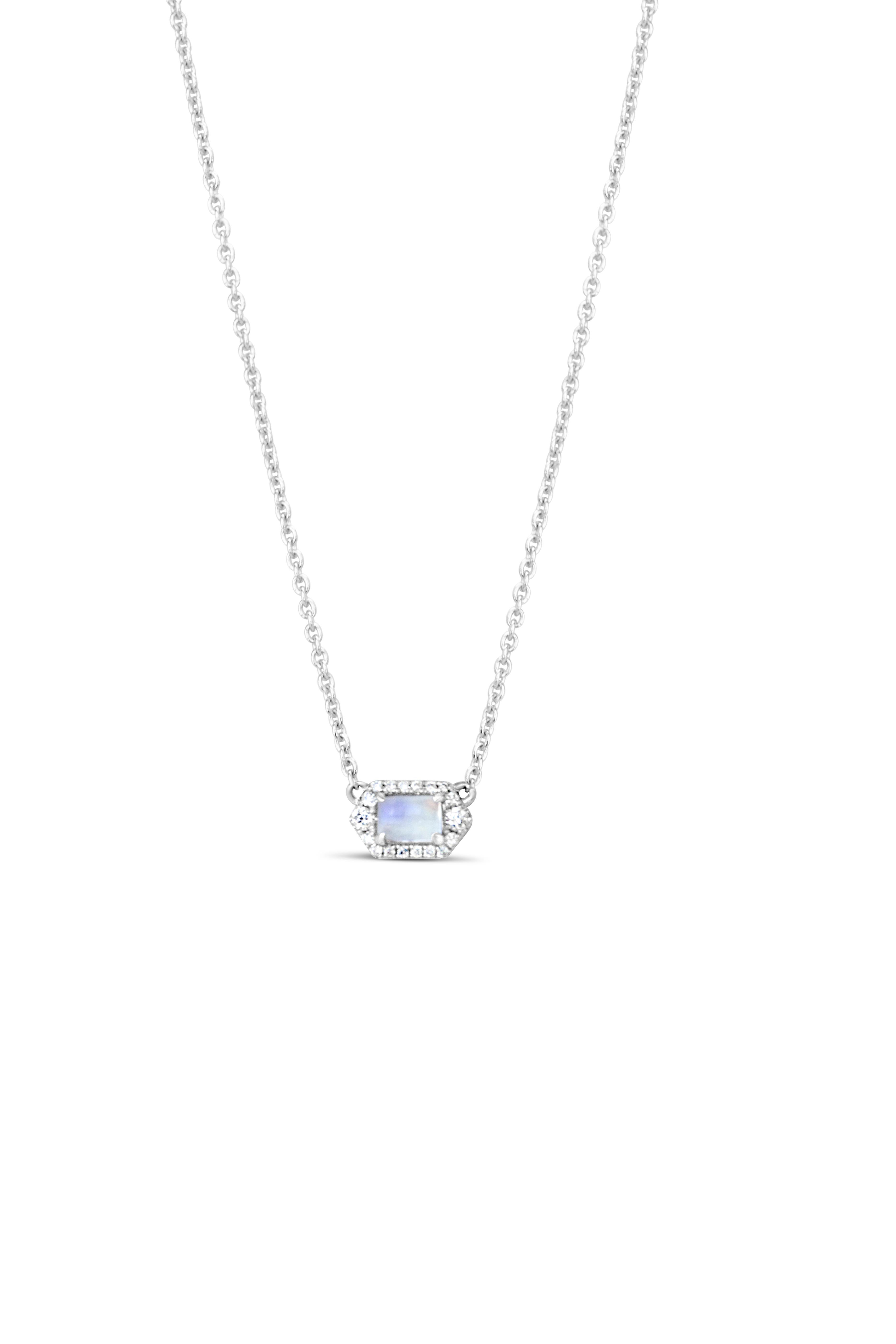 Petite moonstone and diamond hexagon pendant neckalce in 14k white gold with chain.