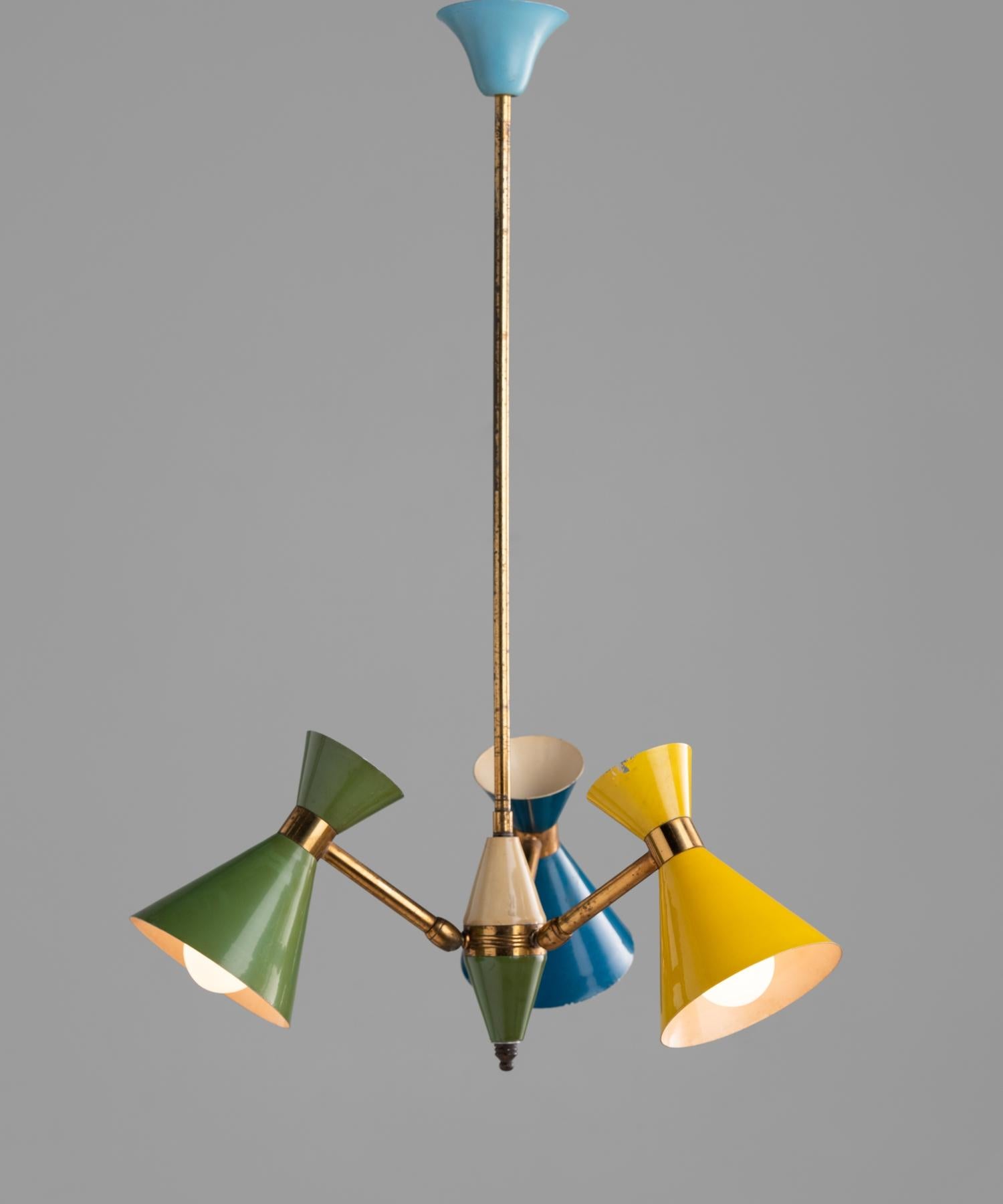 Petite multi-color chandelier, Italy, circa 1960.

Small-scaled form with original, playfully colored painted elements, which include pivoting shades.