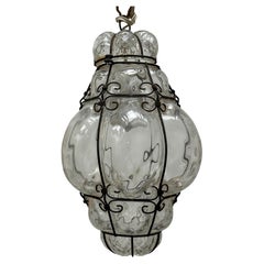 Petite lampe à suspension en verre de Murano en cage, années 1930, Italie vintage